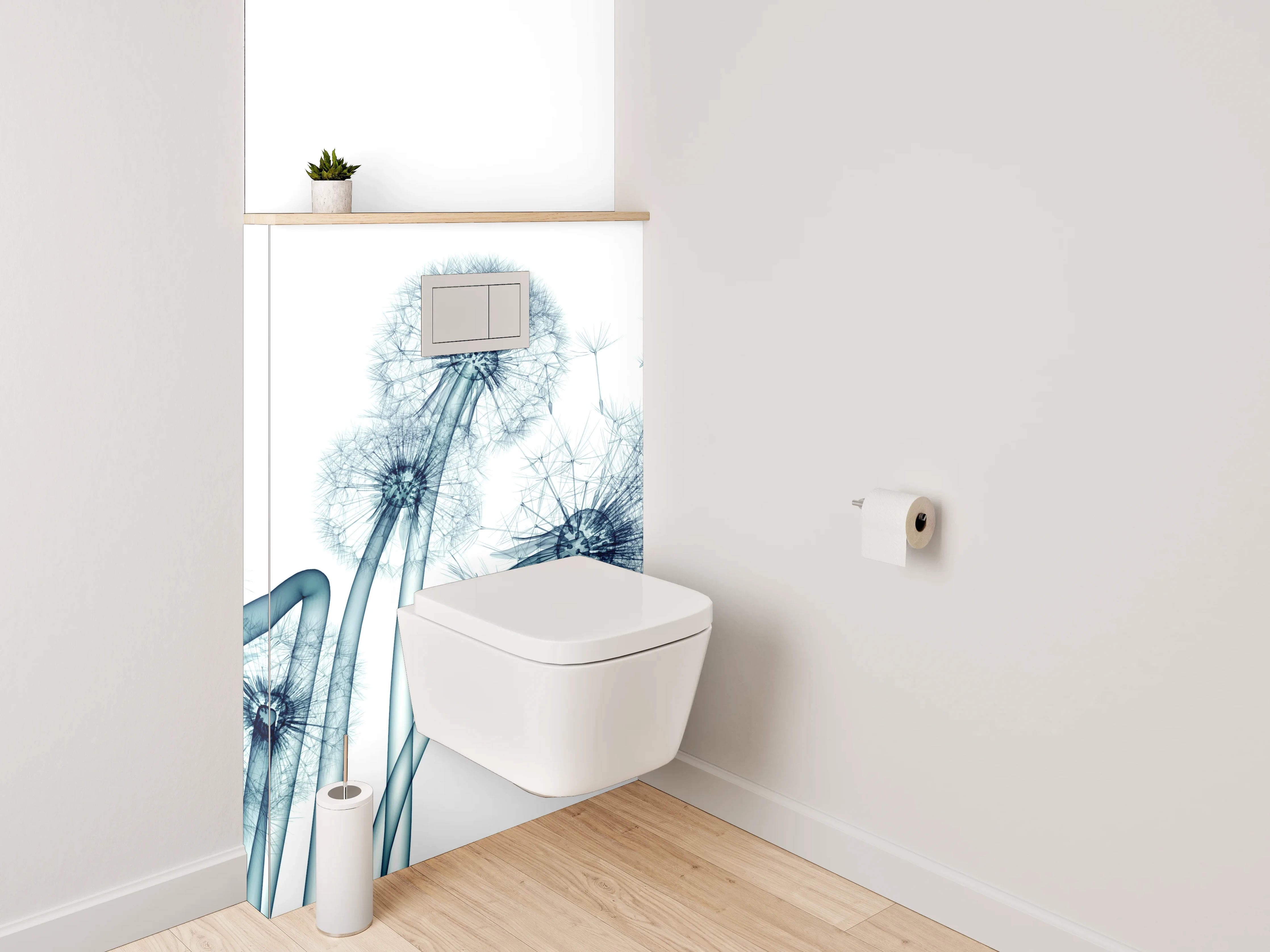 WC-Rückwand - Pusteblume in Blau-Grau auf Weiß