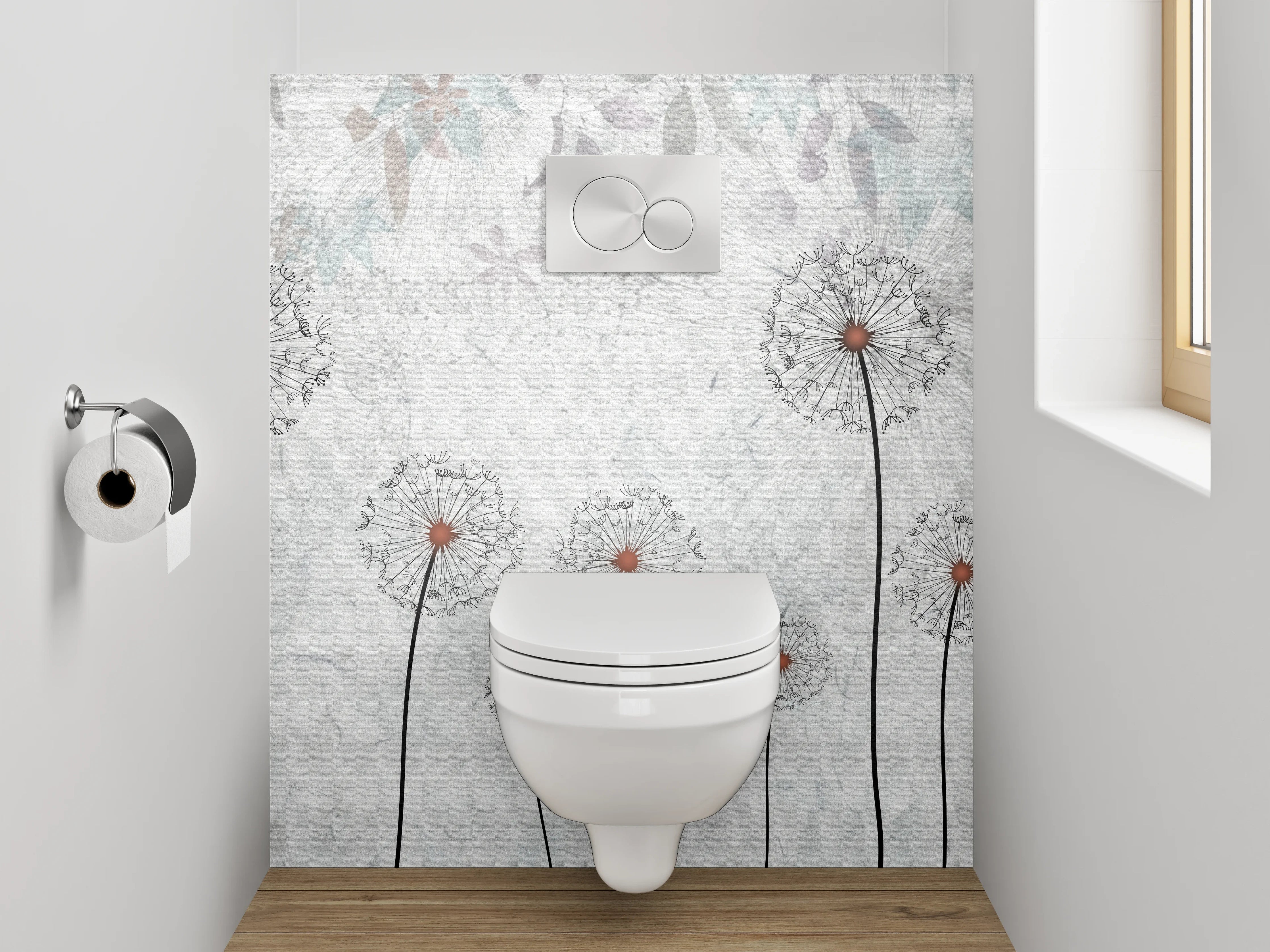 WC-Rückwand - Pusteblumen auf weiß-grauer Struktur