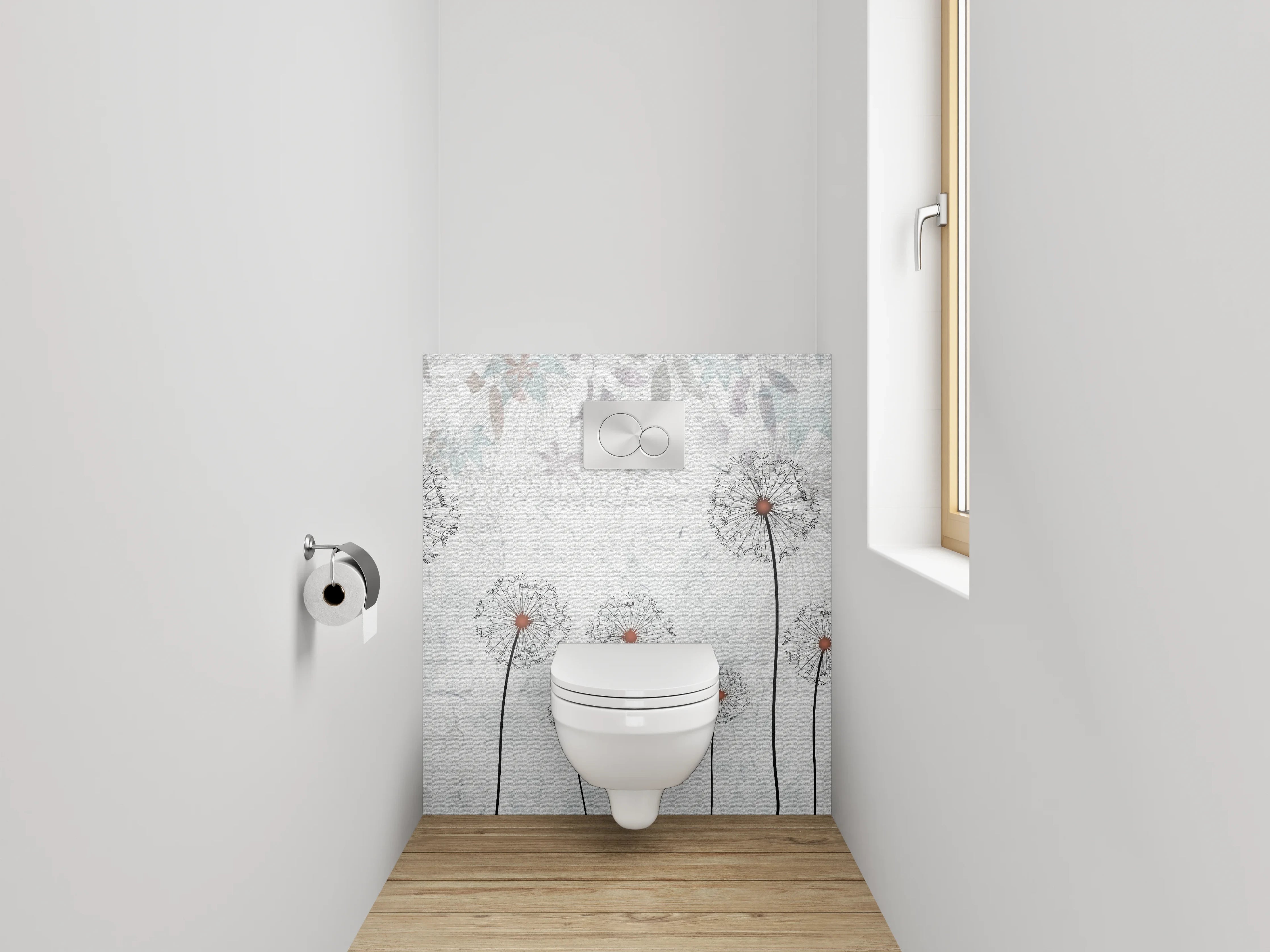 WC-Rückwand - Pusteblumen auf weiß-grauer Struktur