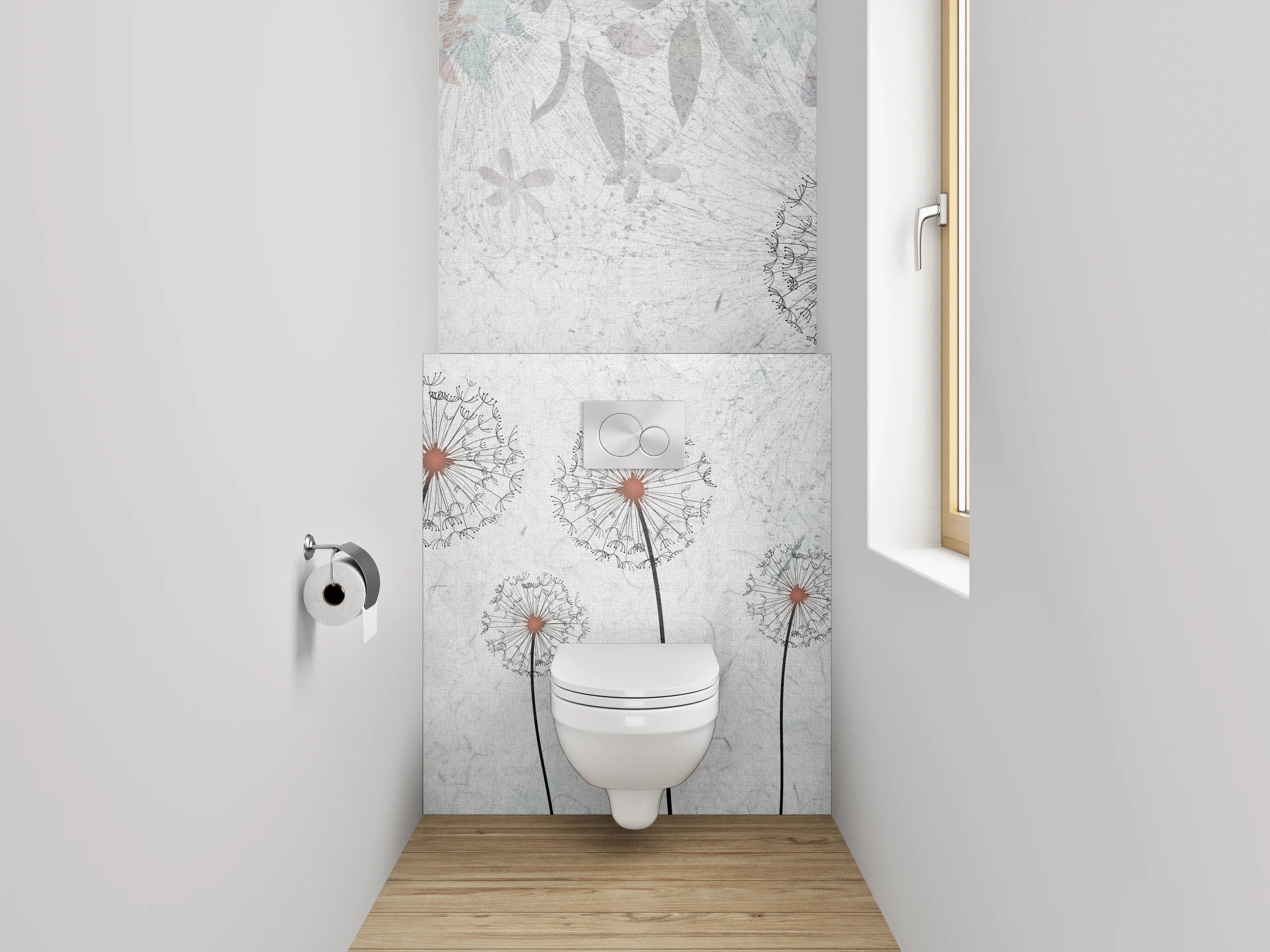 WC-Rückwand - Pusteblumen auf weiß-grauer Struktur