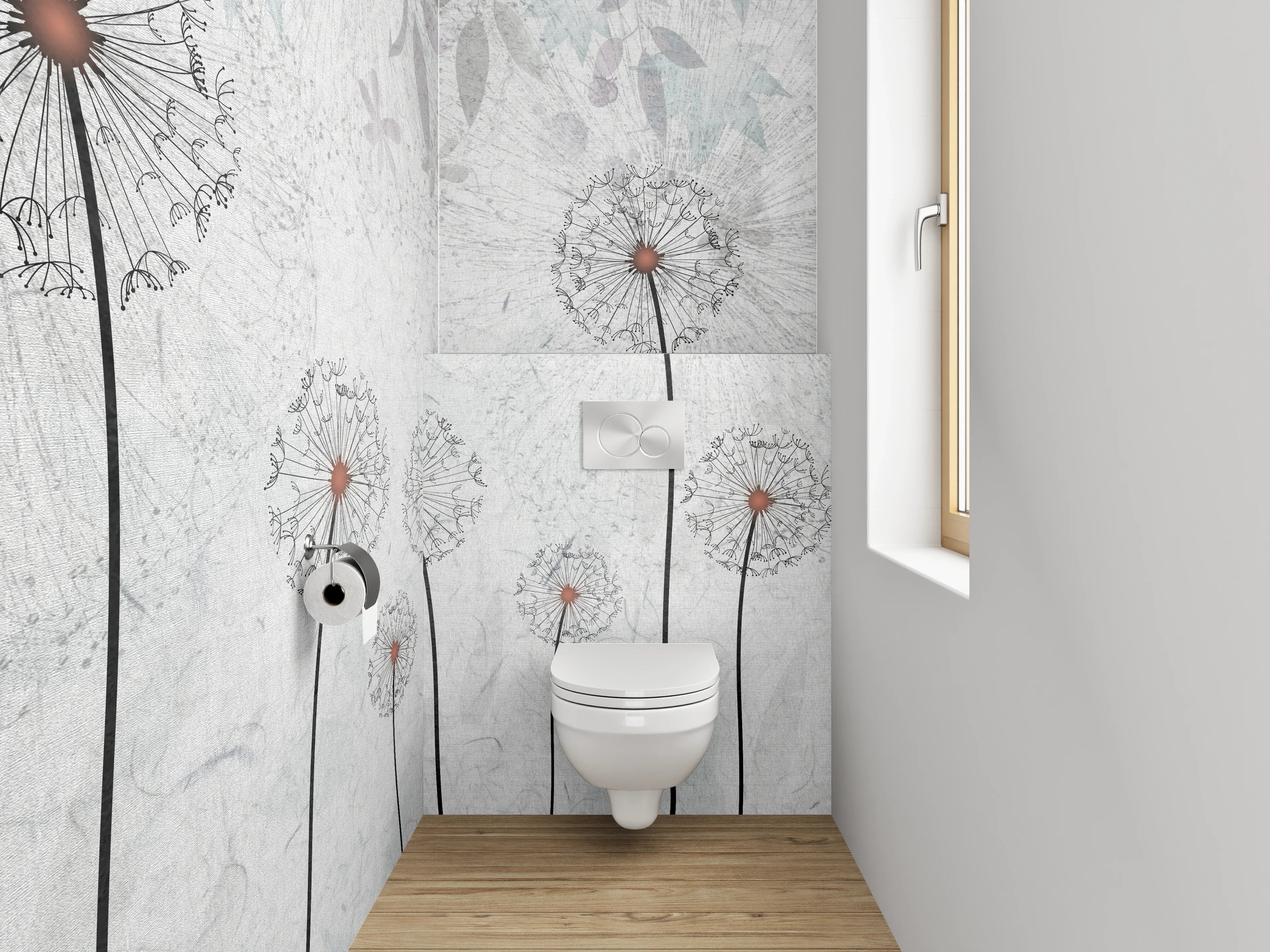 WC-Rückwand - Pusteblumen auf weiß-grauer Struktur