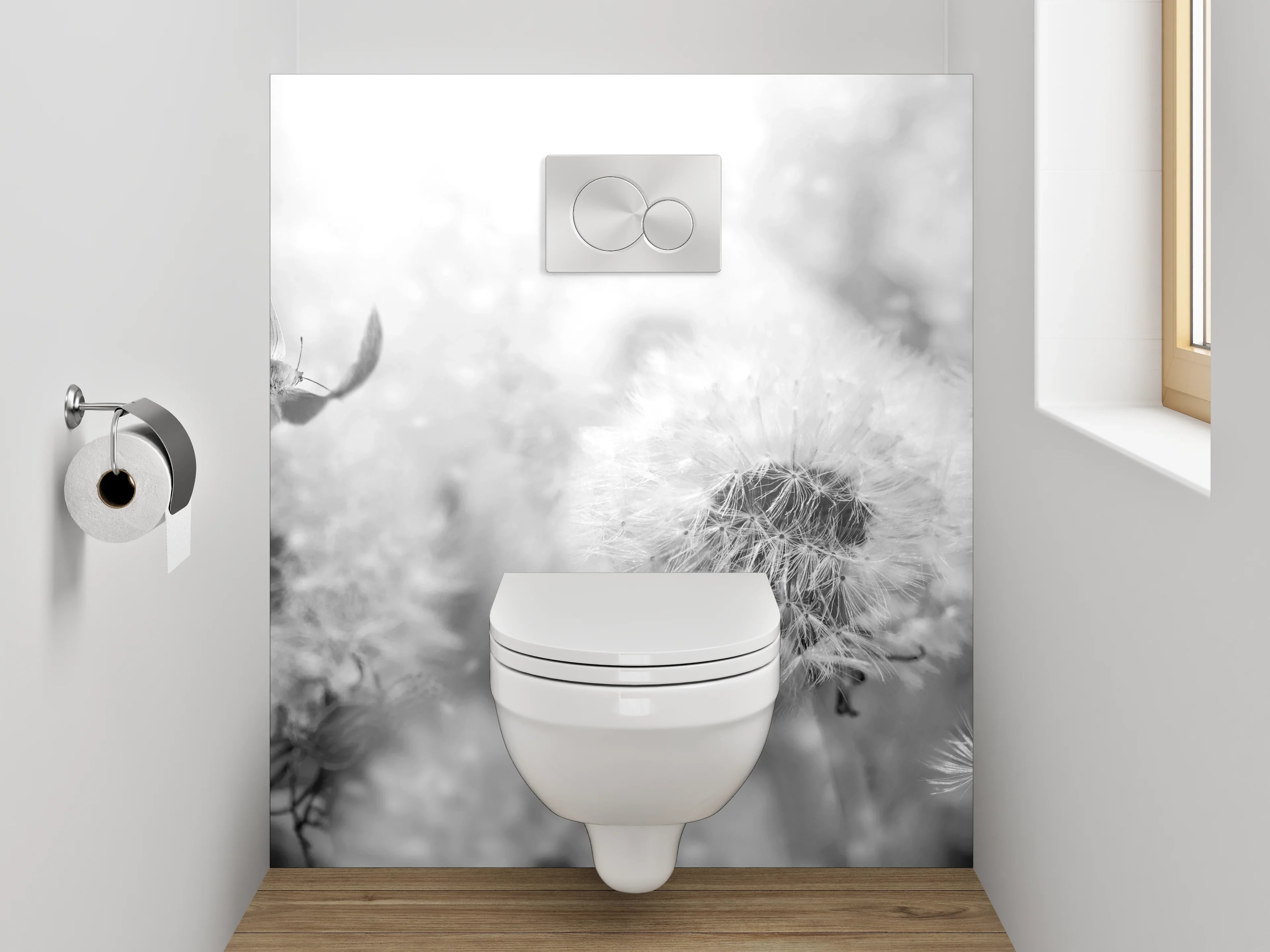 WC-Rückwand - Pusteblumen in Schwarz-Weiß-Optik