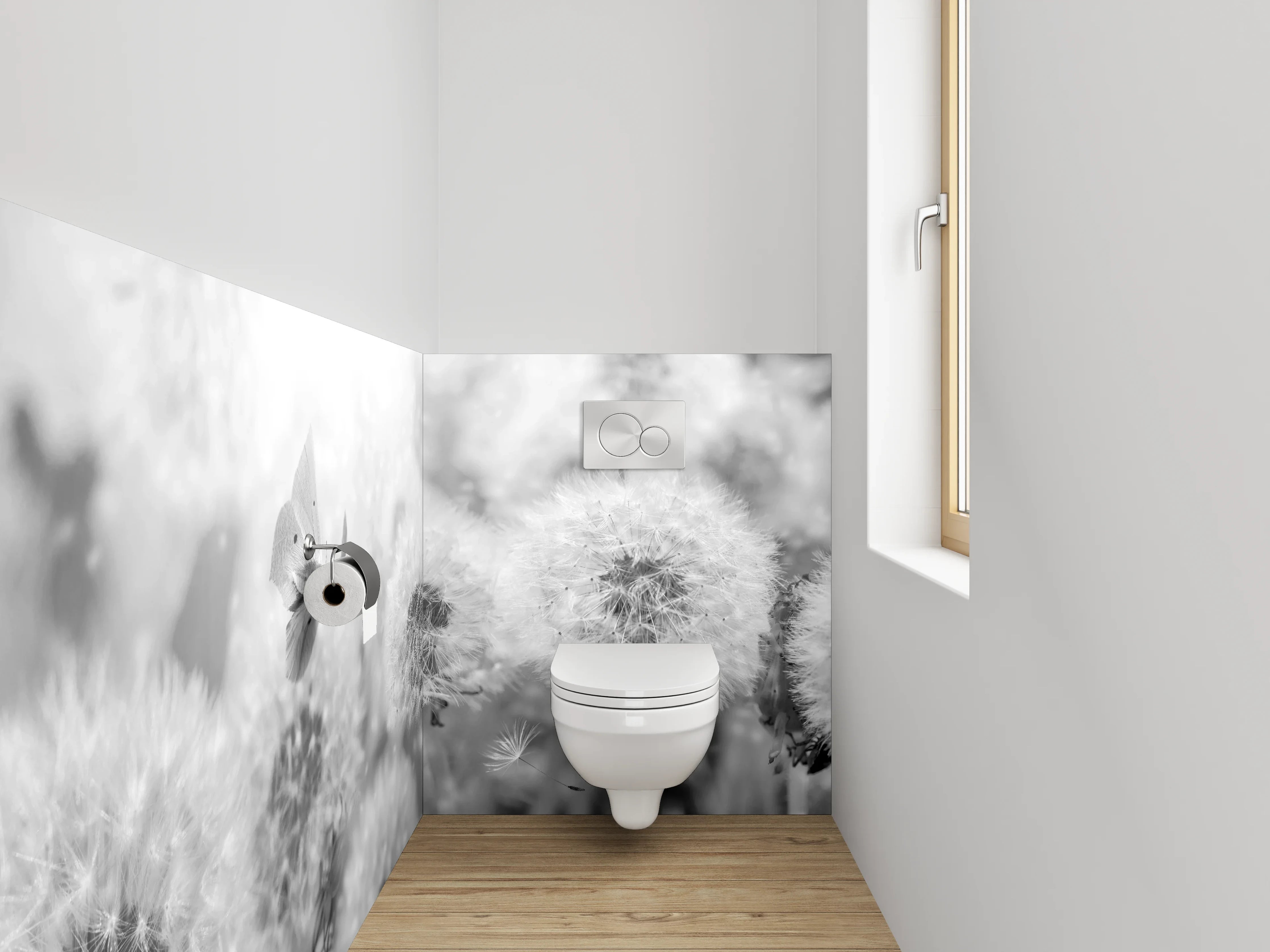 WC-Rückwand - Pusteblumen in Schwarz-Weiß-Optik