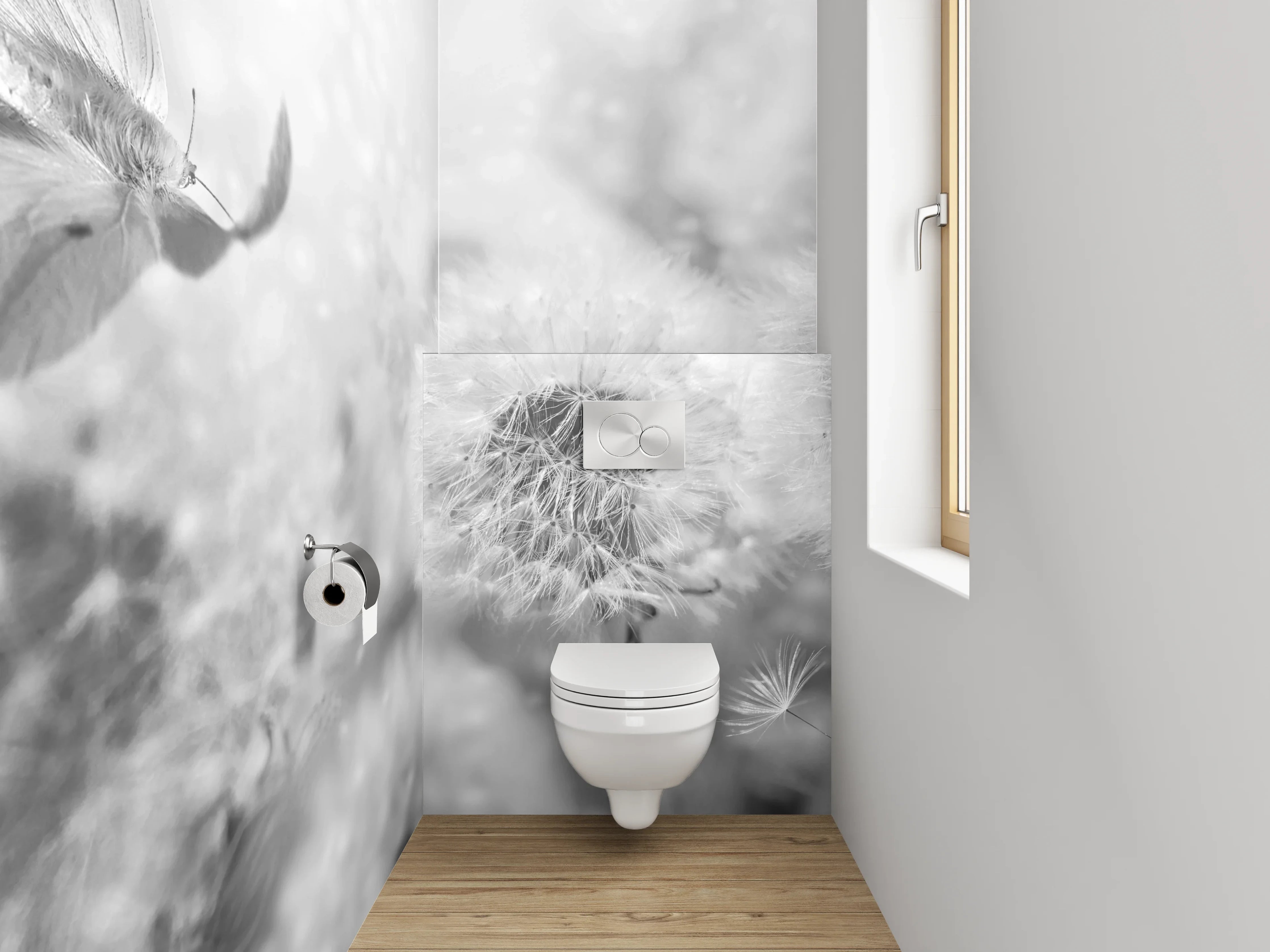 WC-Rückwand - Pusteblumen in Schwarz-Weiß-Optik
