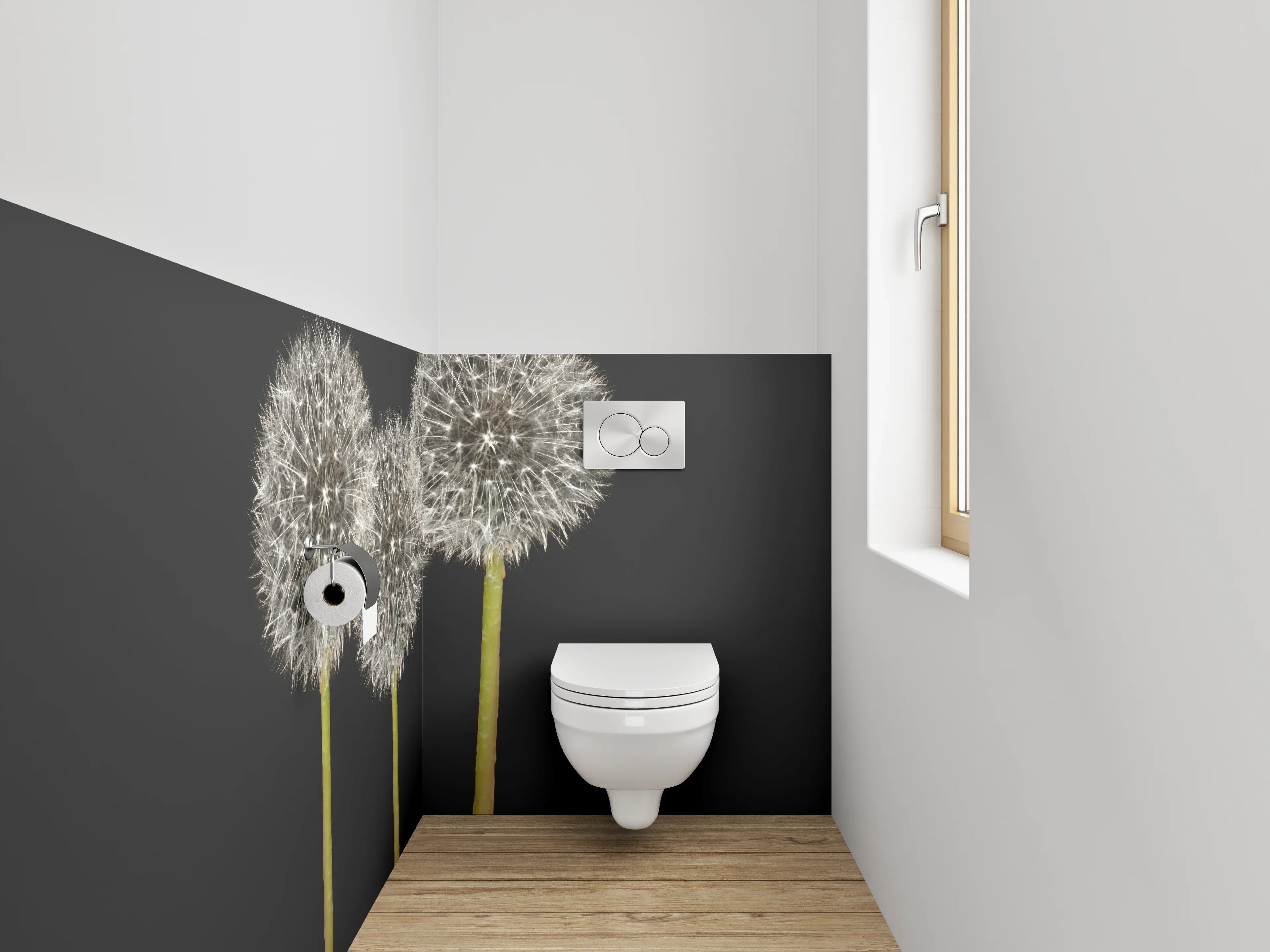 WC-Rückwand - Pusteblumen weiß-grau auf Schwarz