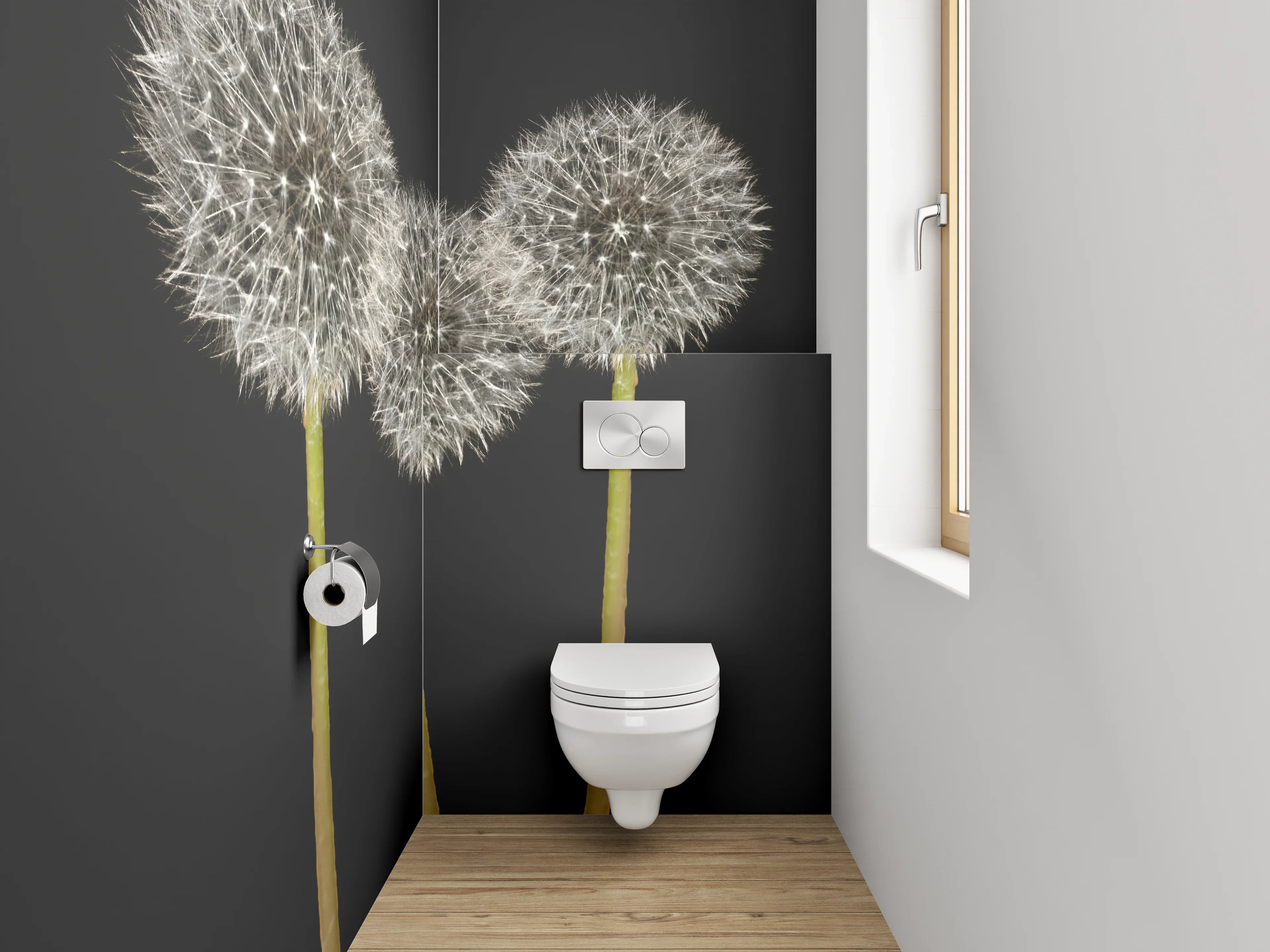 WC-Rückwand - Pusteblumen weiß-grau auf Schwarz