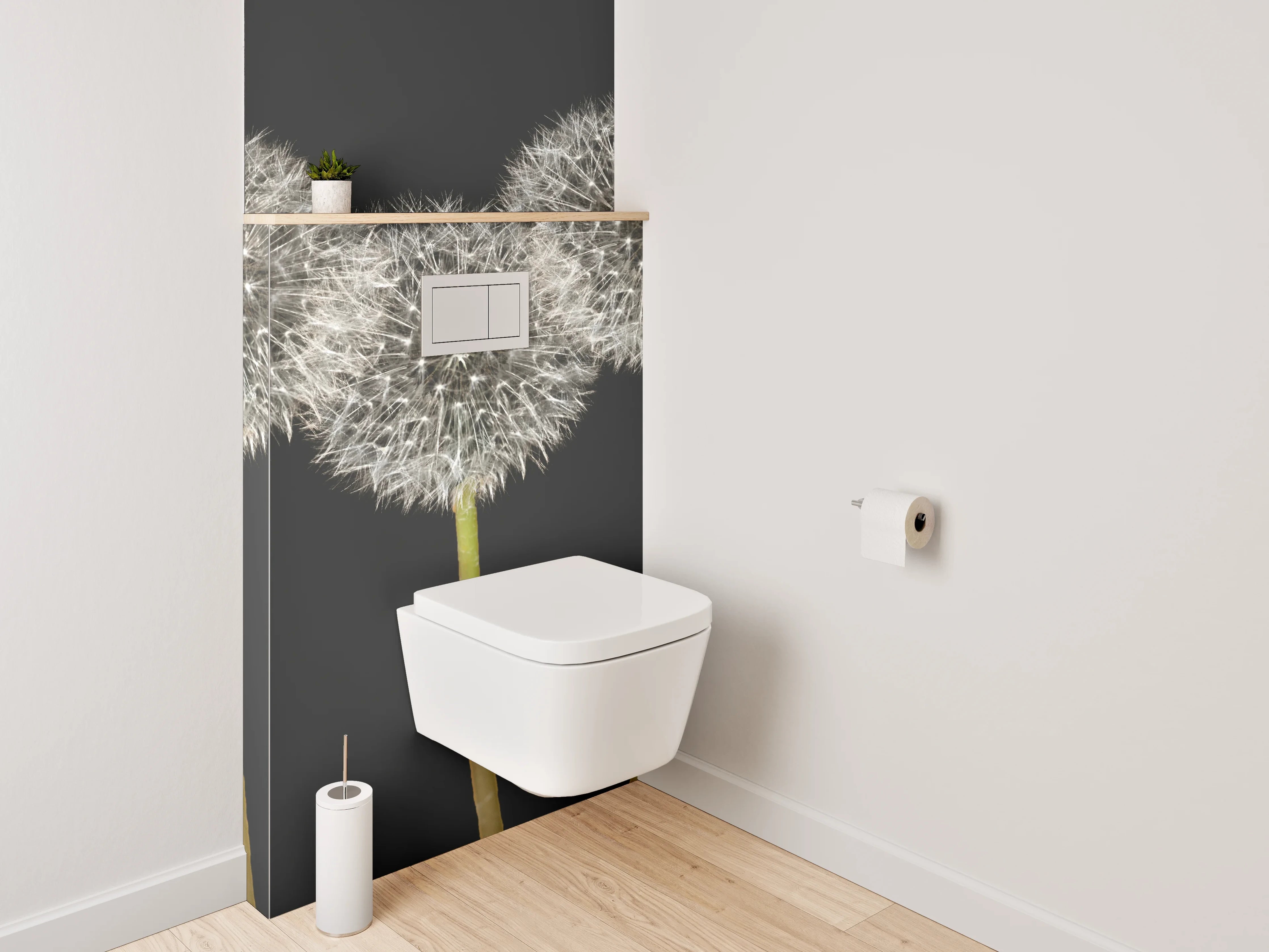 WC-Rückwand - Pusteblumen weiß-grau auf Schwarz