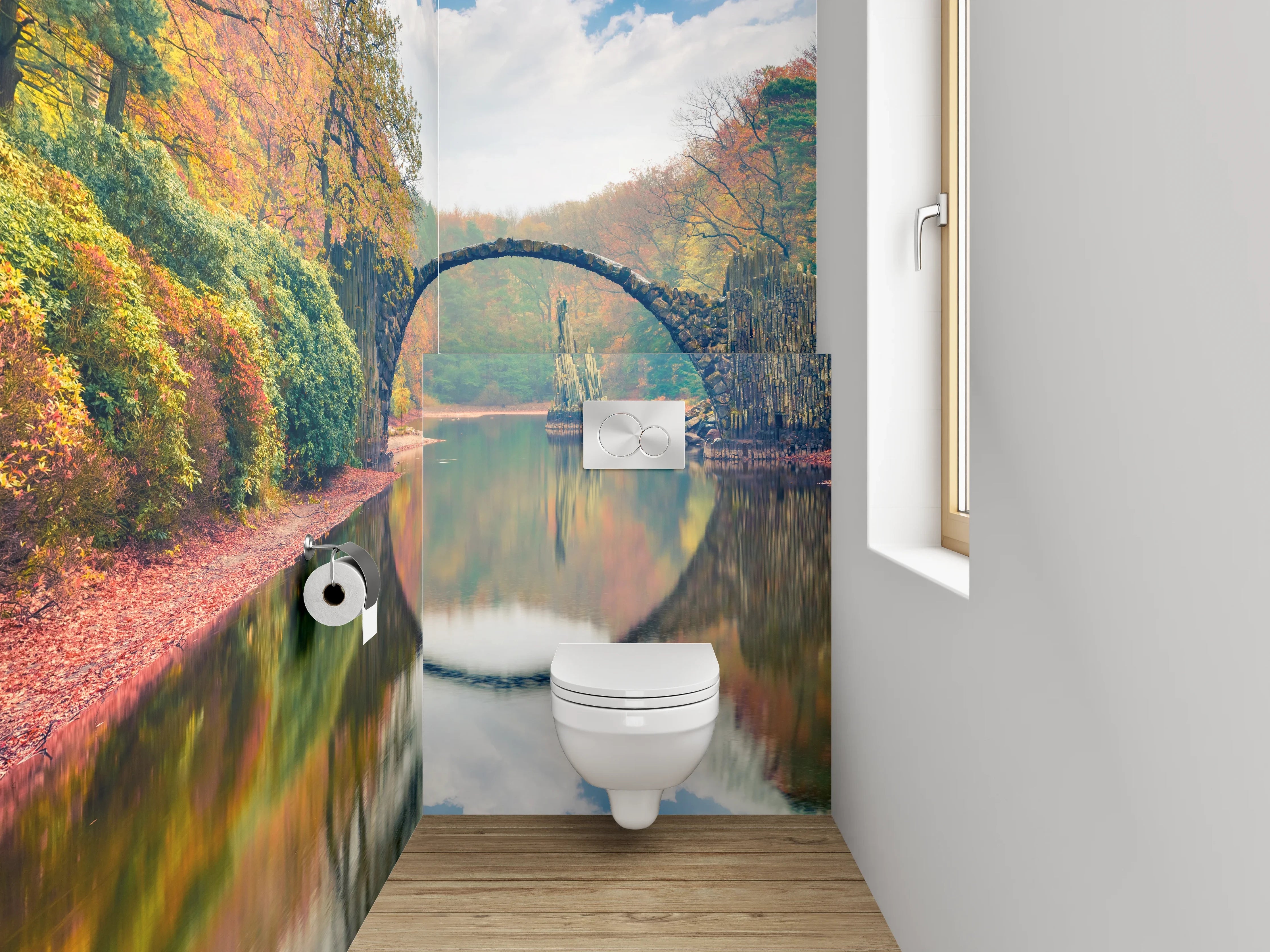 WC-Rückwand - Rakotzbrücke im Herbst – Magische Spiegelung