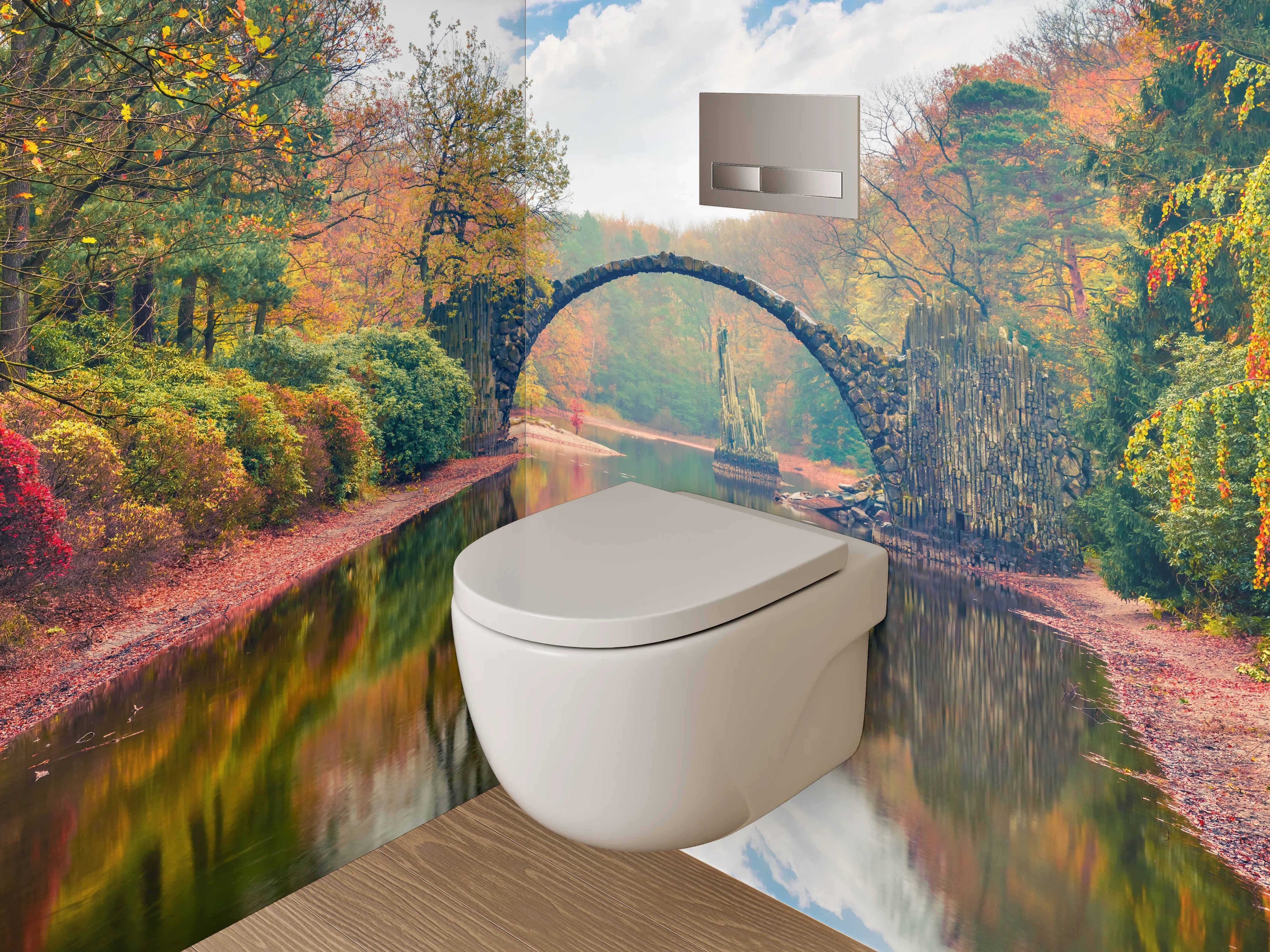 WC-Rückwand - Rakotzbrücke im Herbst – Magische Spiegelung