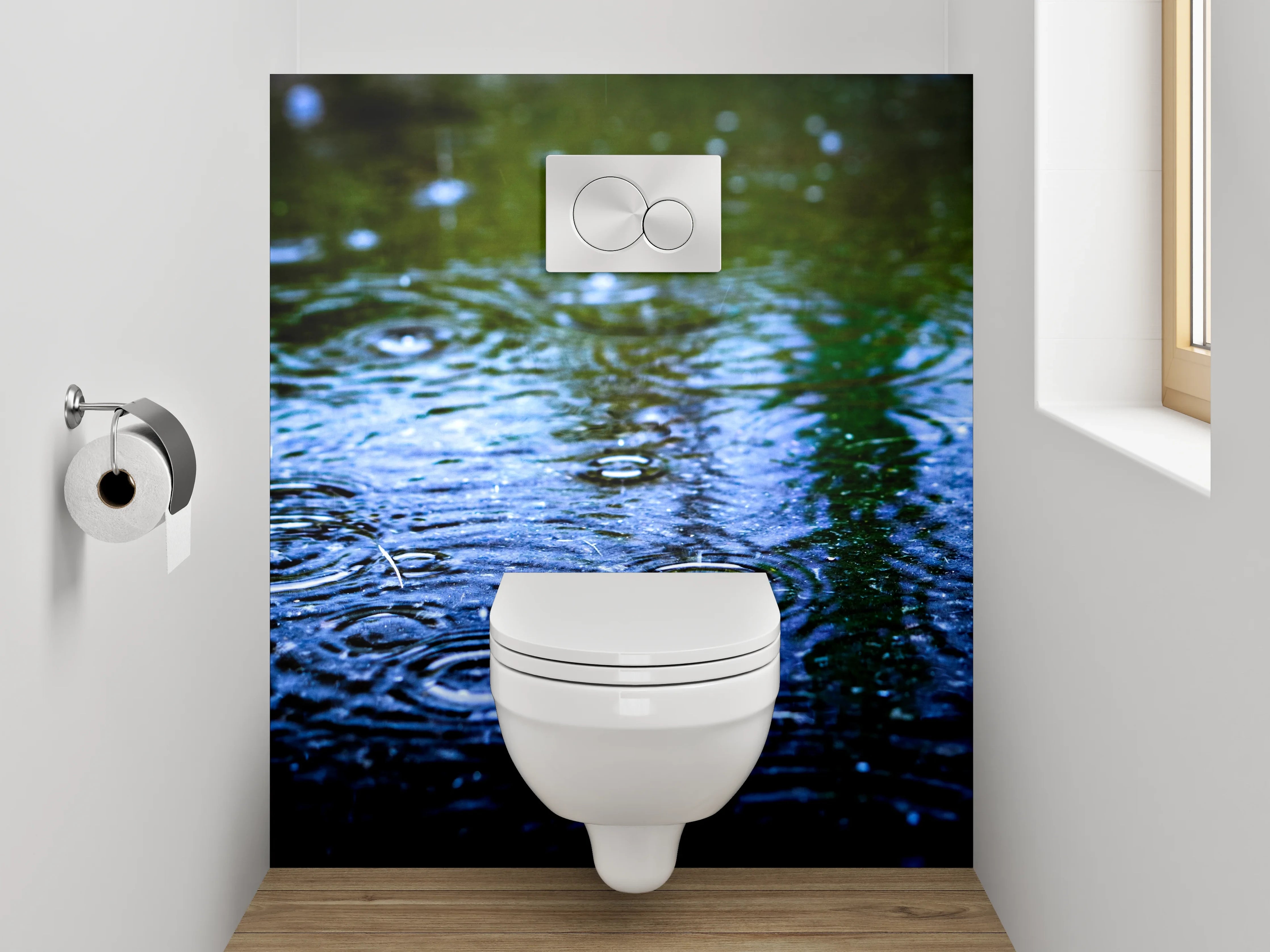 WC-Rückwand - Regen auf Wasser – Blaues Naturmotiv