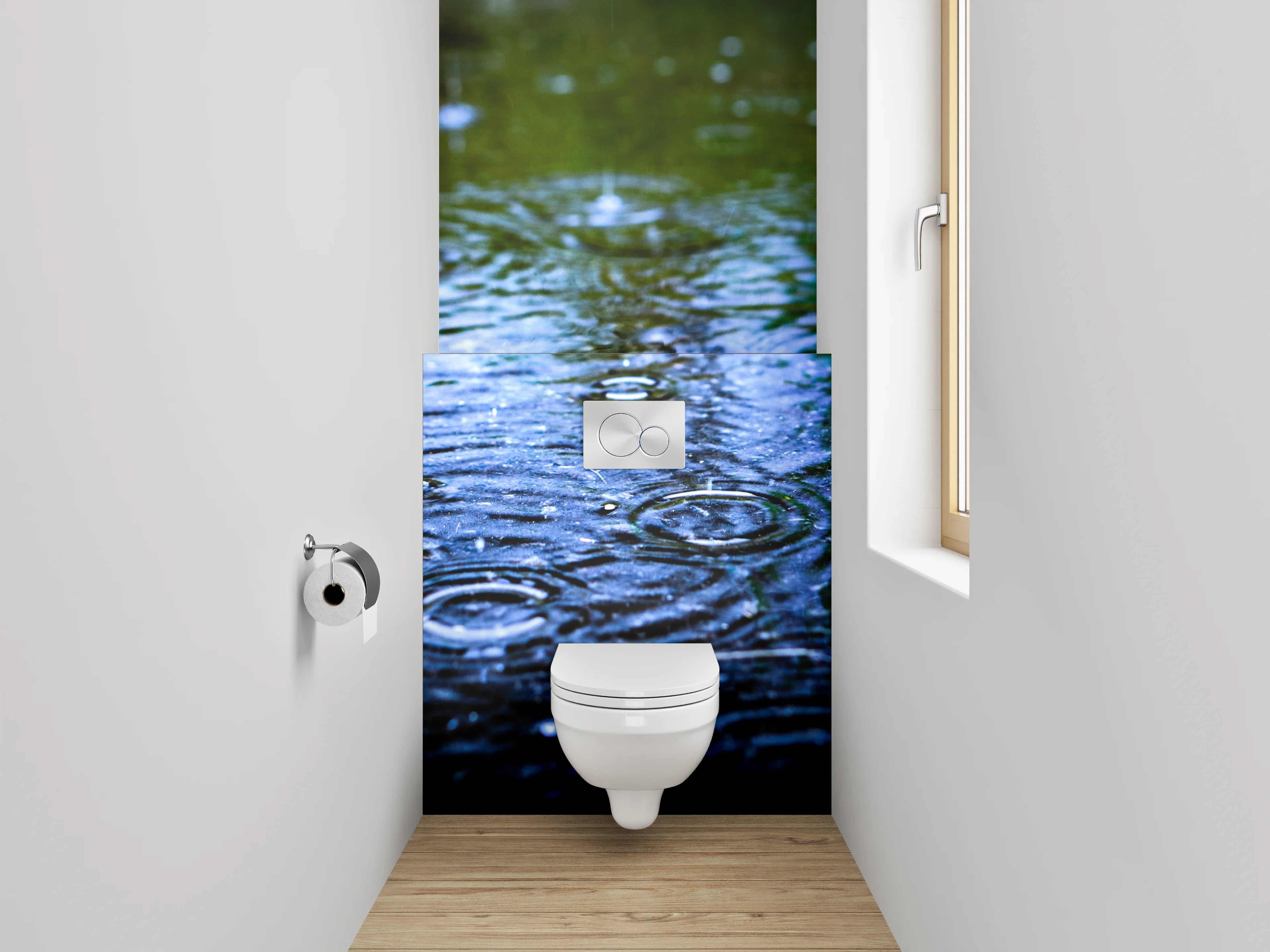 WC-Rückwand - Regen auf Wasser – Blaues Naturmotiv