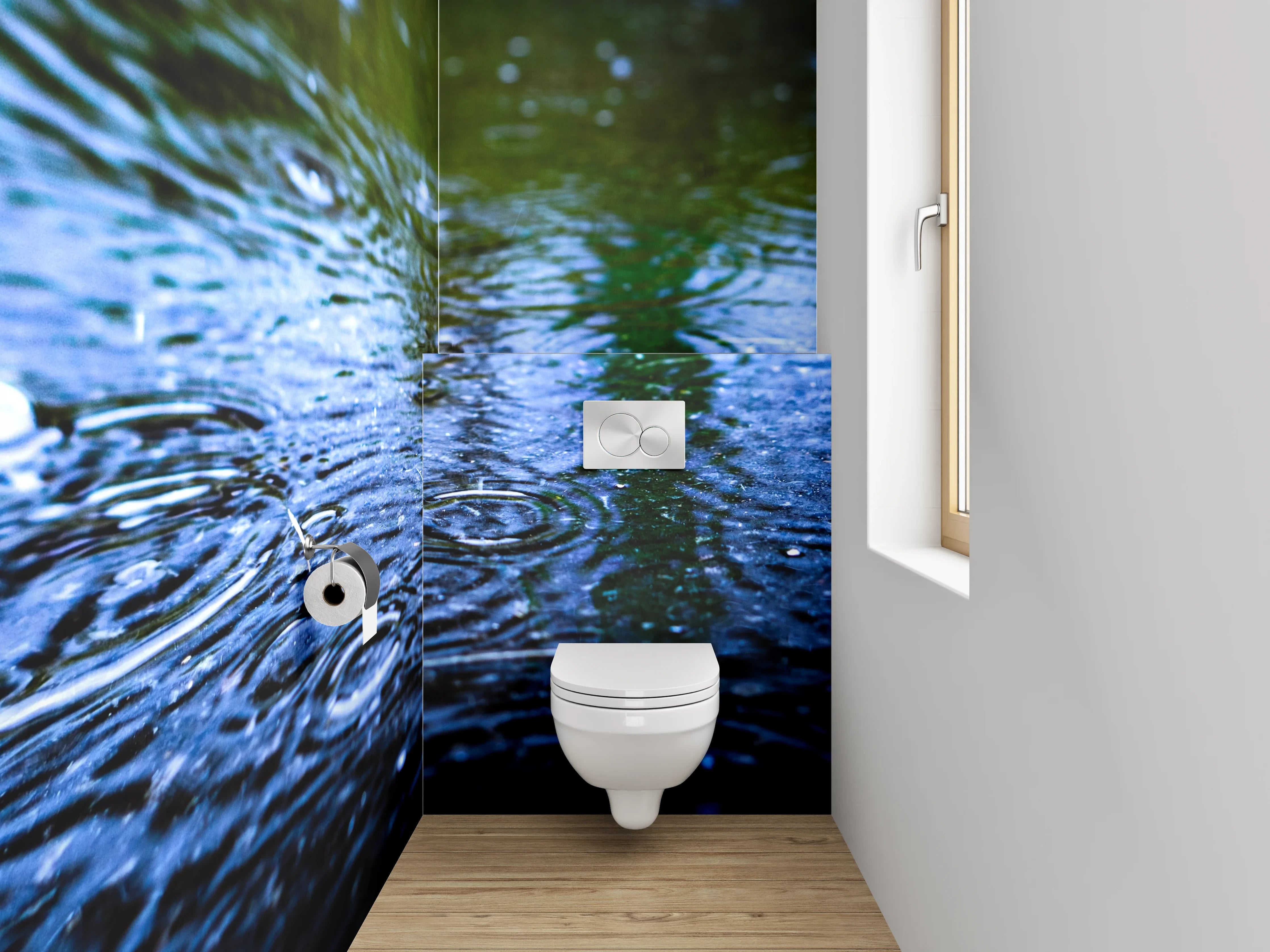 WC-Rückwand - Regen auf Wasser – Blaues Naturmotiv