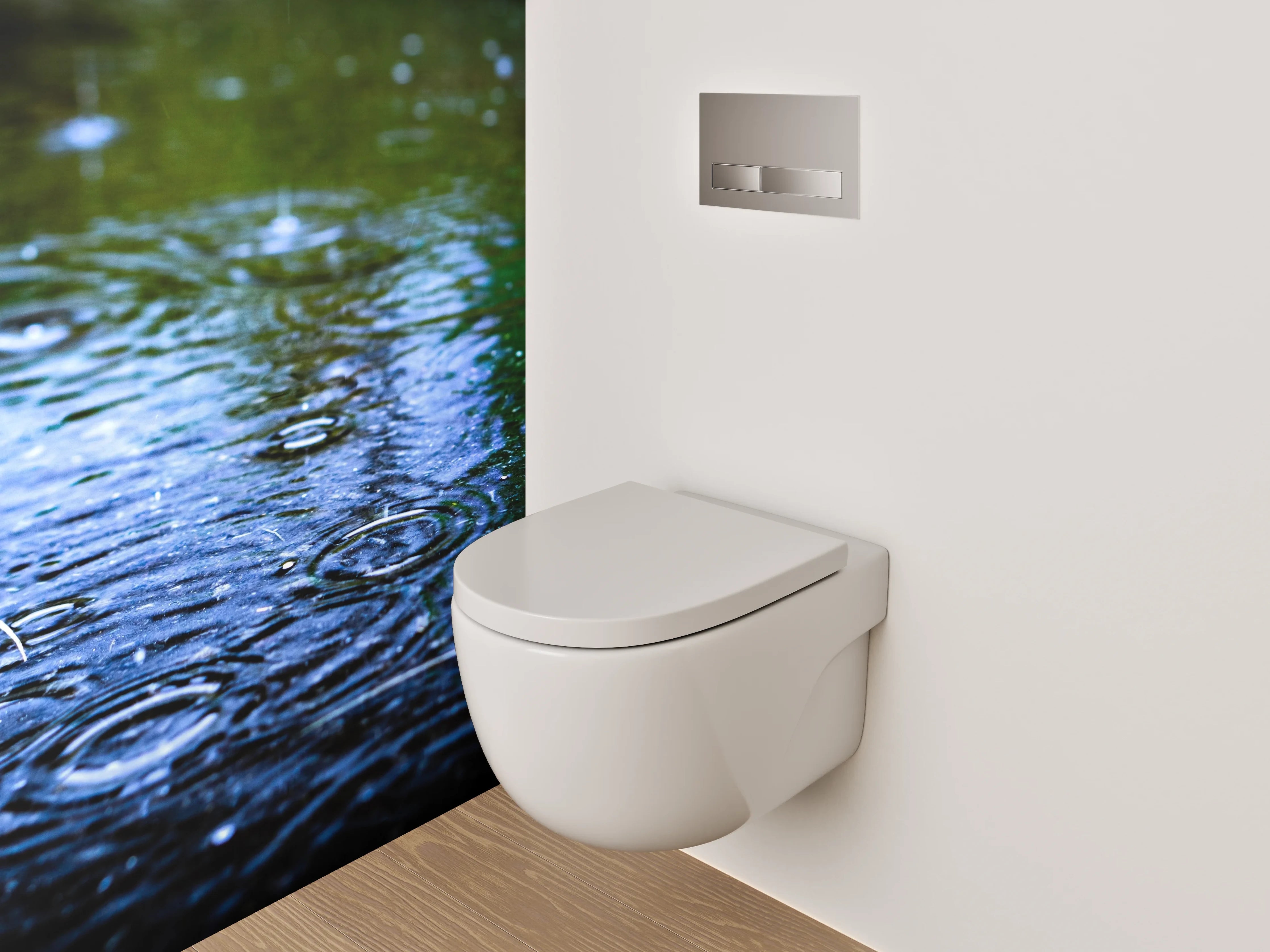 WC-Rückwand - Regen auf Wasser – Blaues Naturmotiv