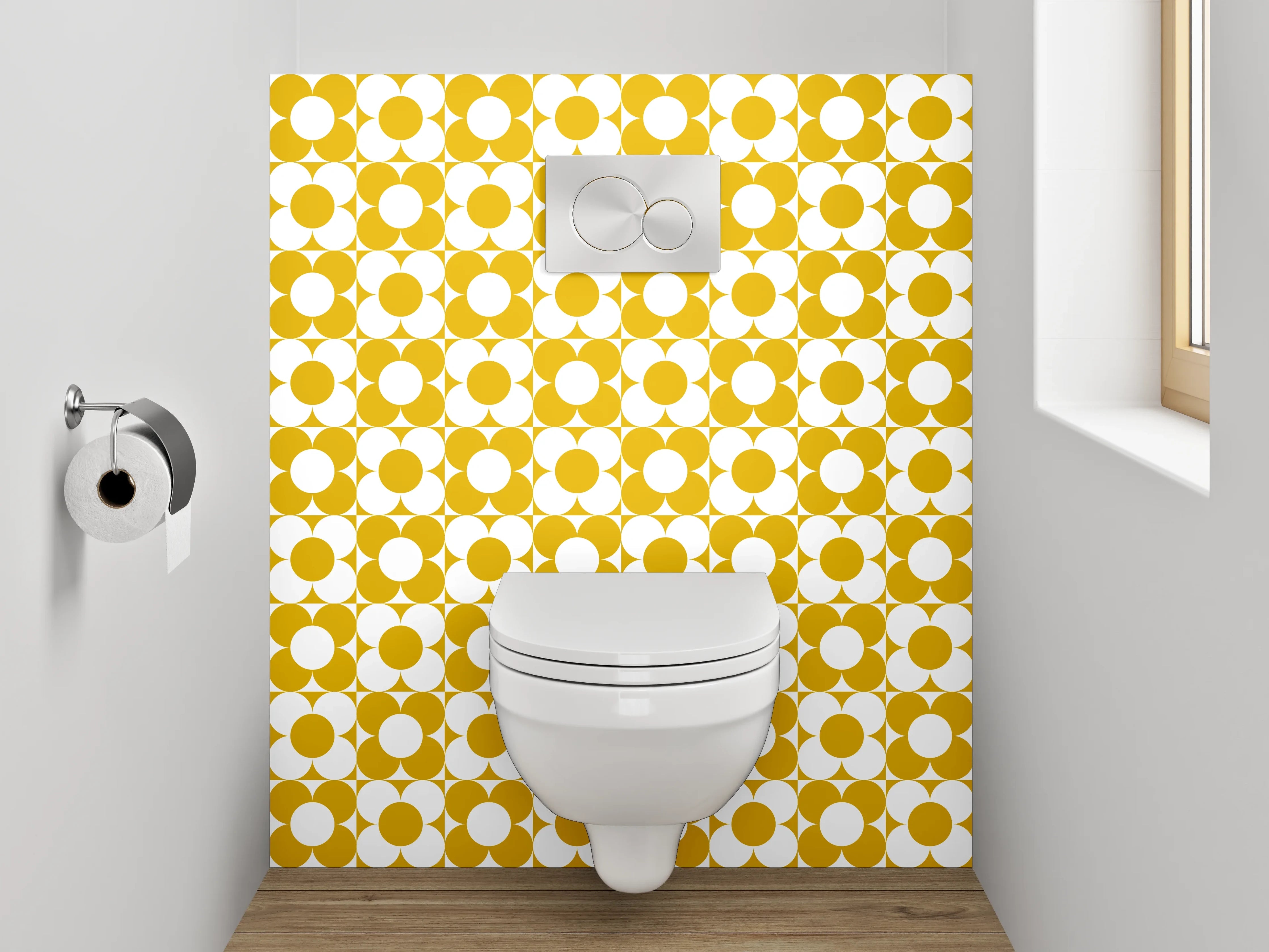 WC-Rückwand - Retro Blumenmuster Gelb Weiß