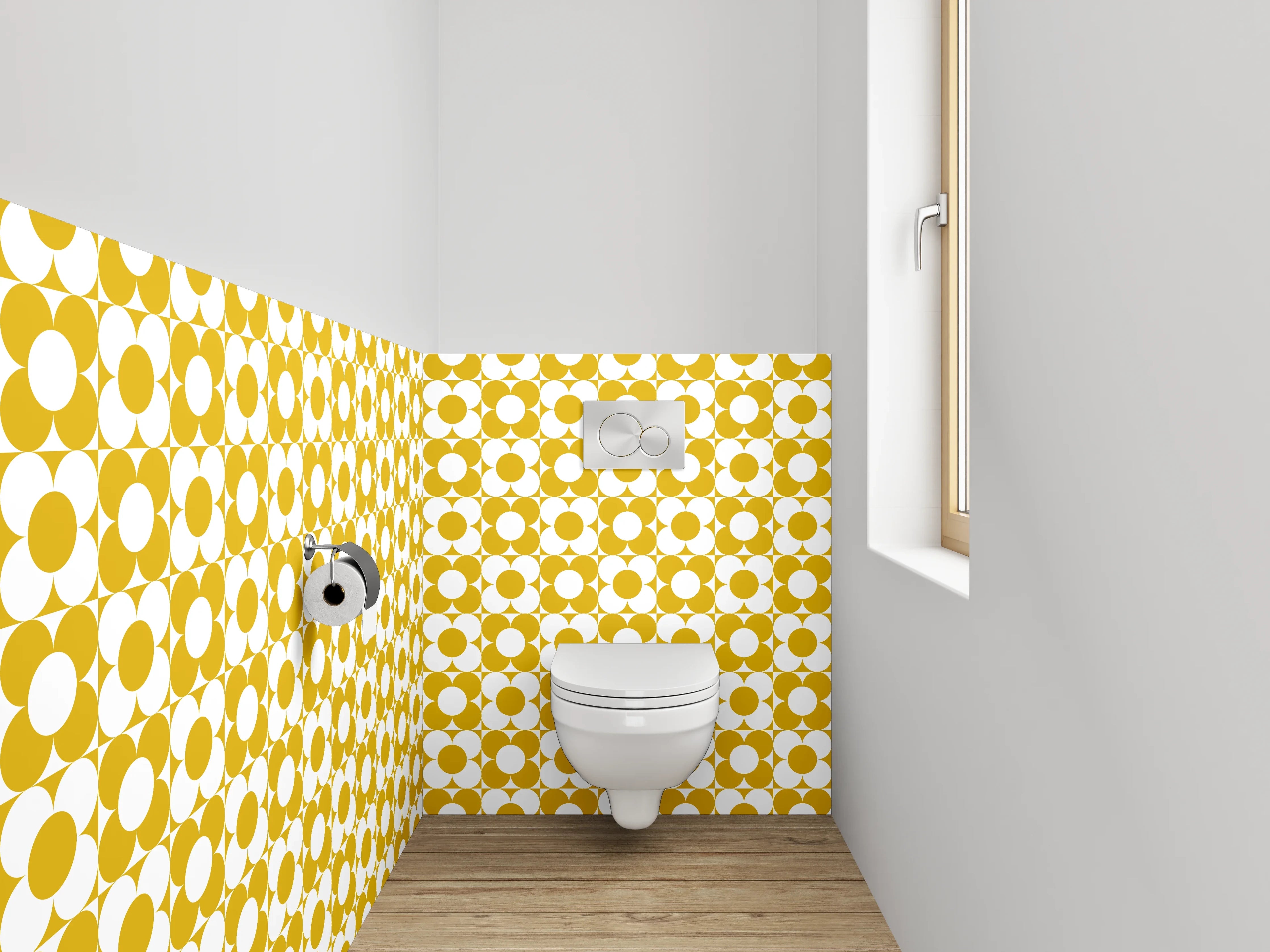 WC-Rückwand - Retro Blumenmuster Gelb Weiß