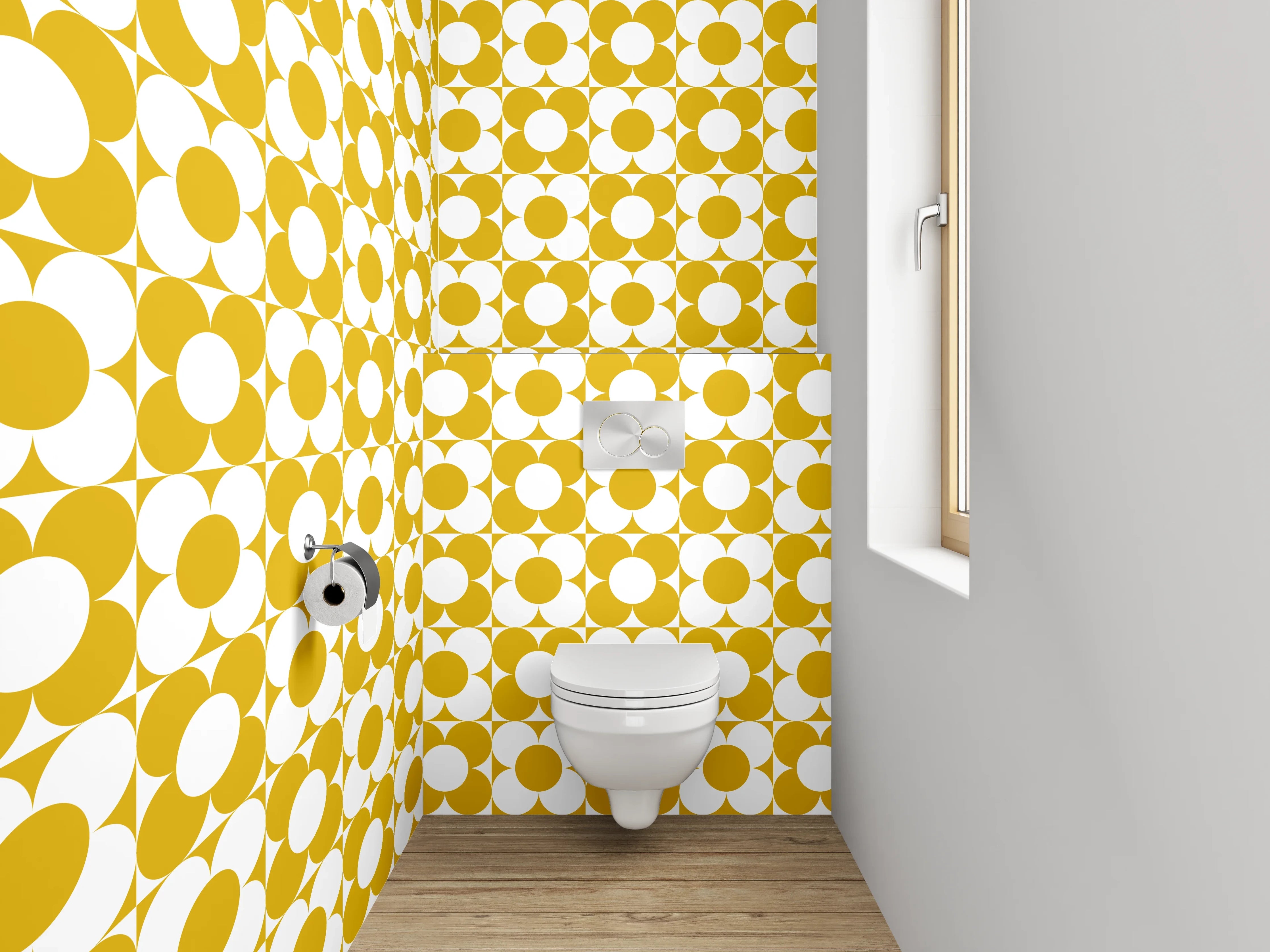 WC-Rückwand - Retro Blumenmuster Gelb Weiß