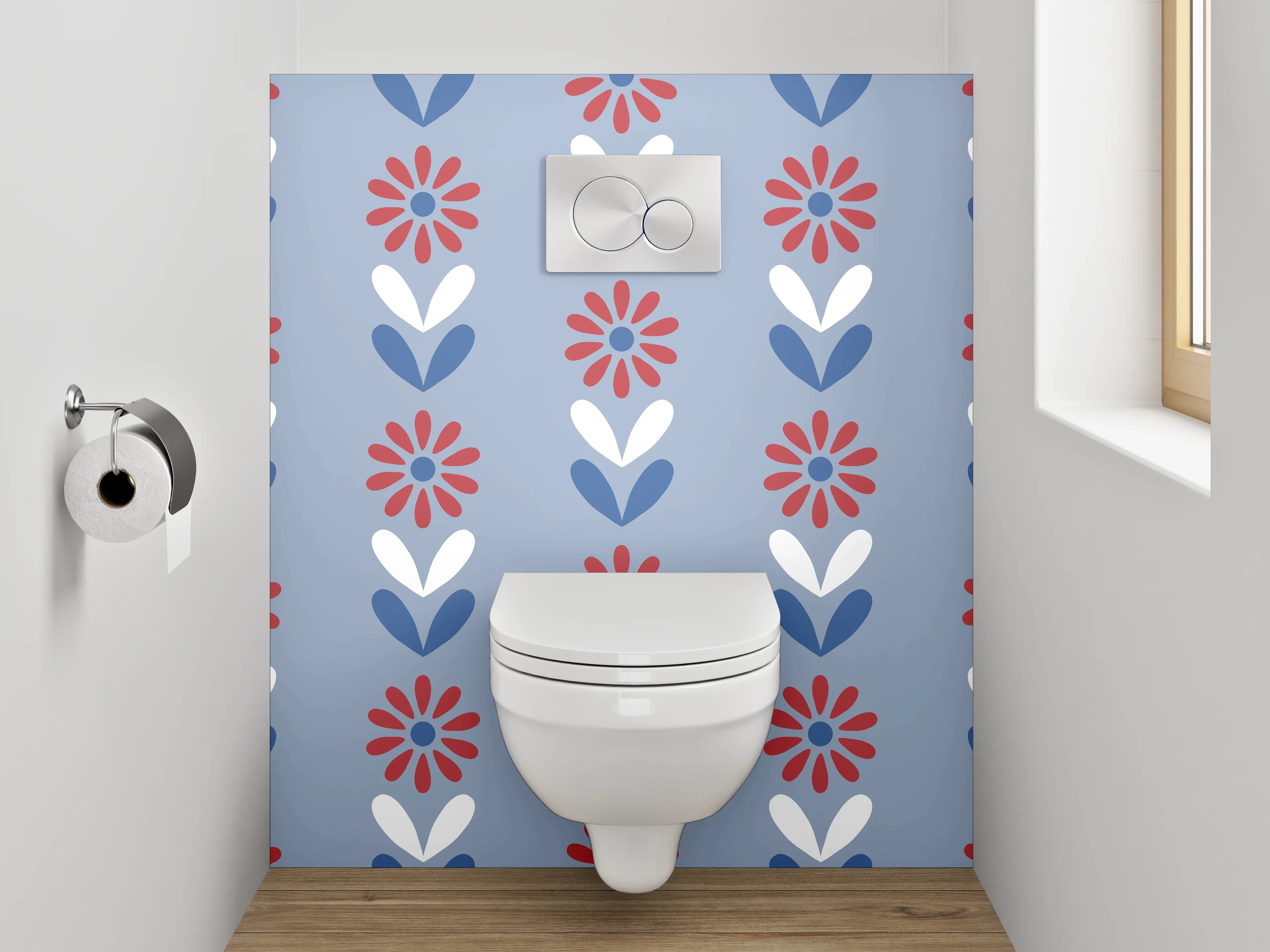 WC-Rückwand - Retro Blumenmuster in Blau und Rot