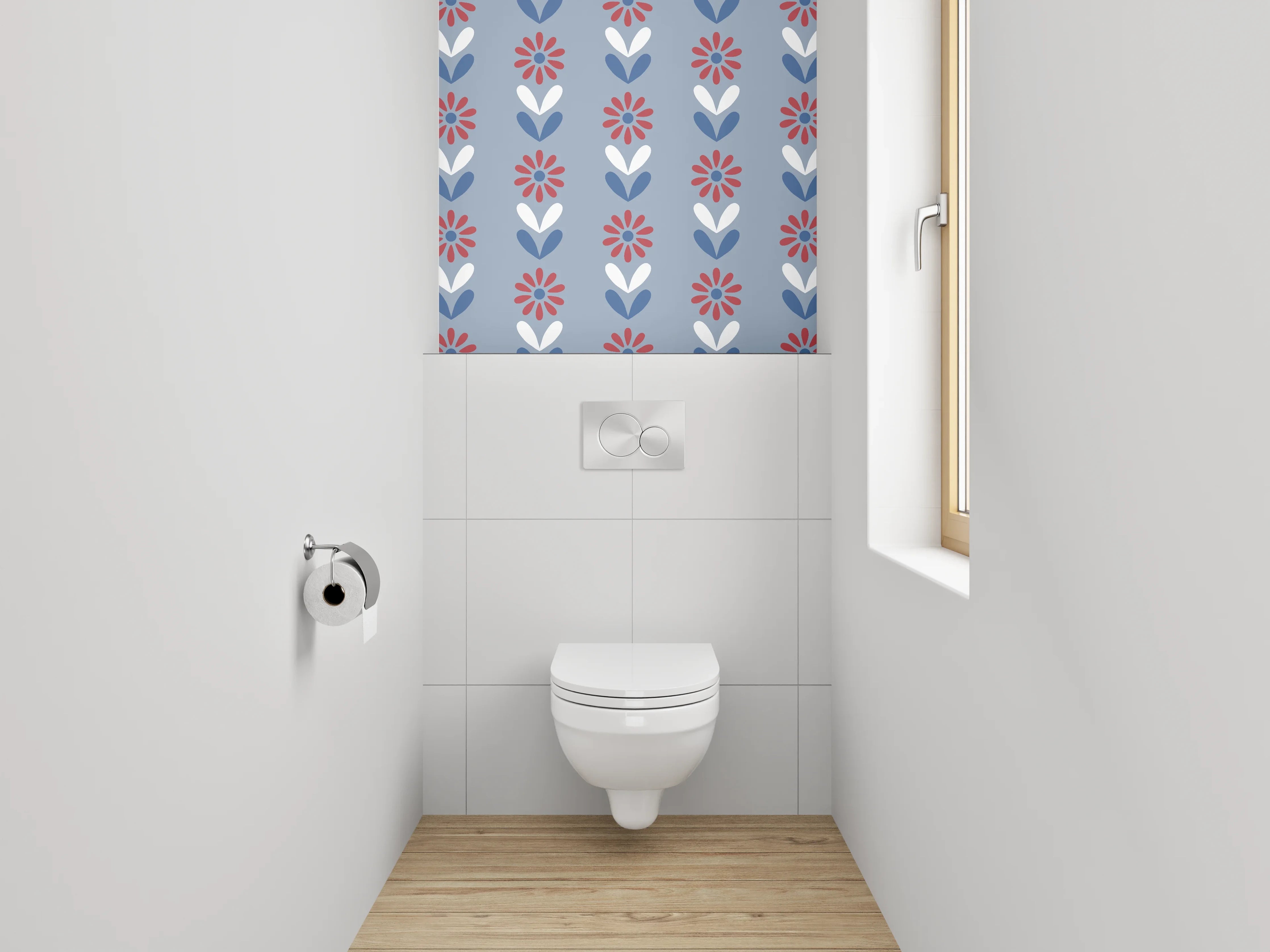 WC-Rückwand - Retro Blumenmuster in Blau und Rot