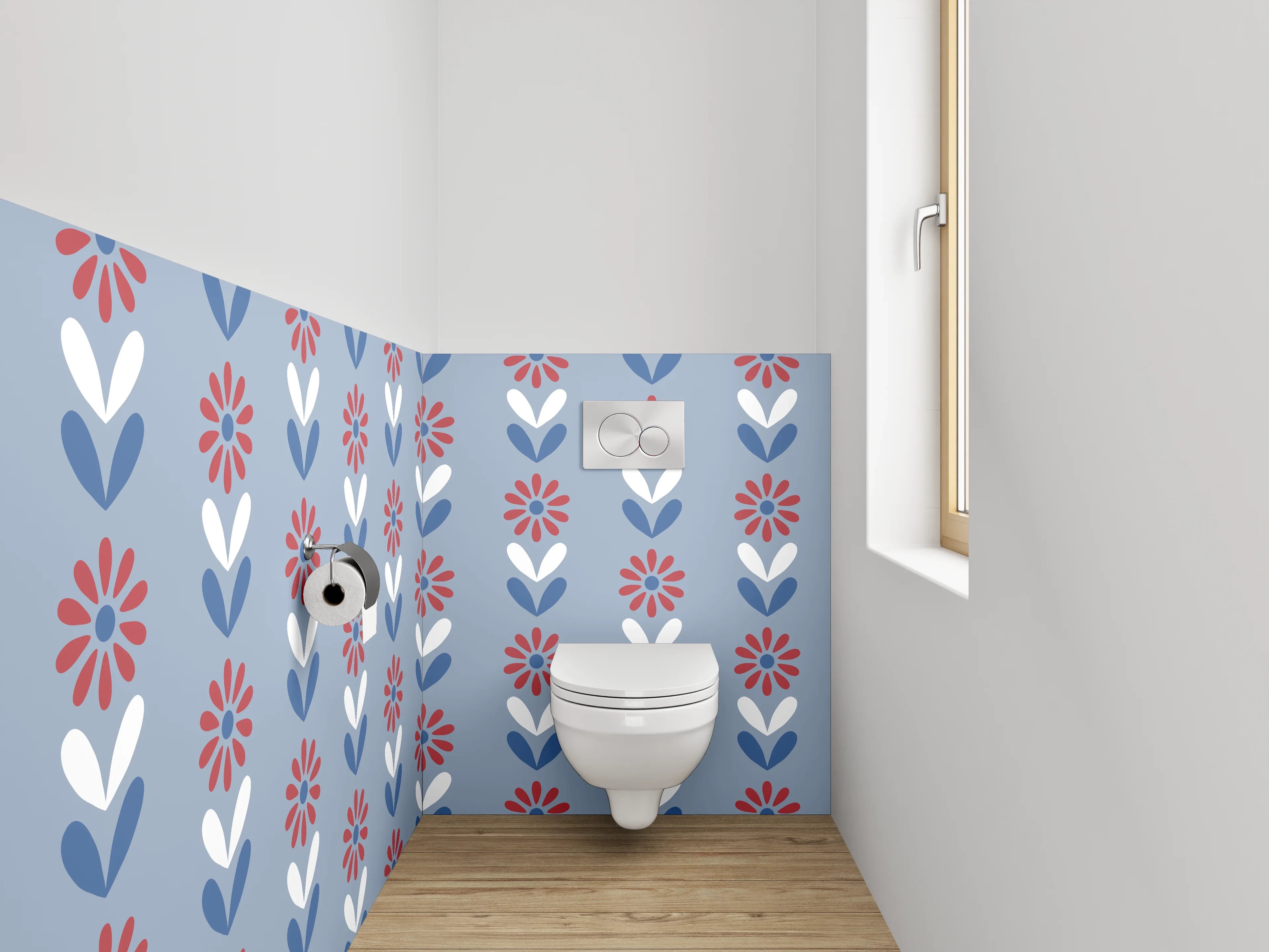 WC-Rückwand - Retro Blumenmuster in Blau und Rot