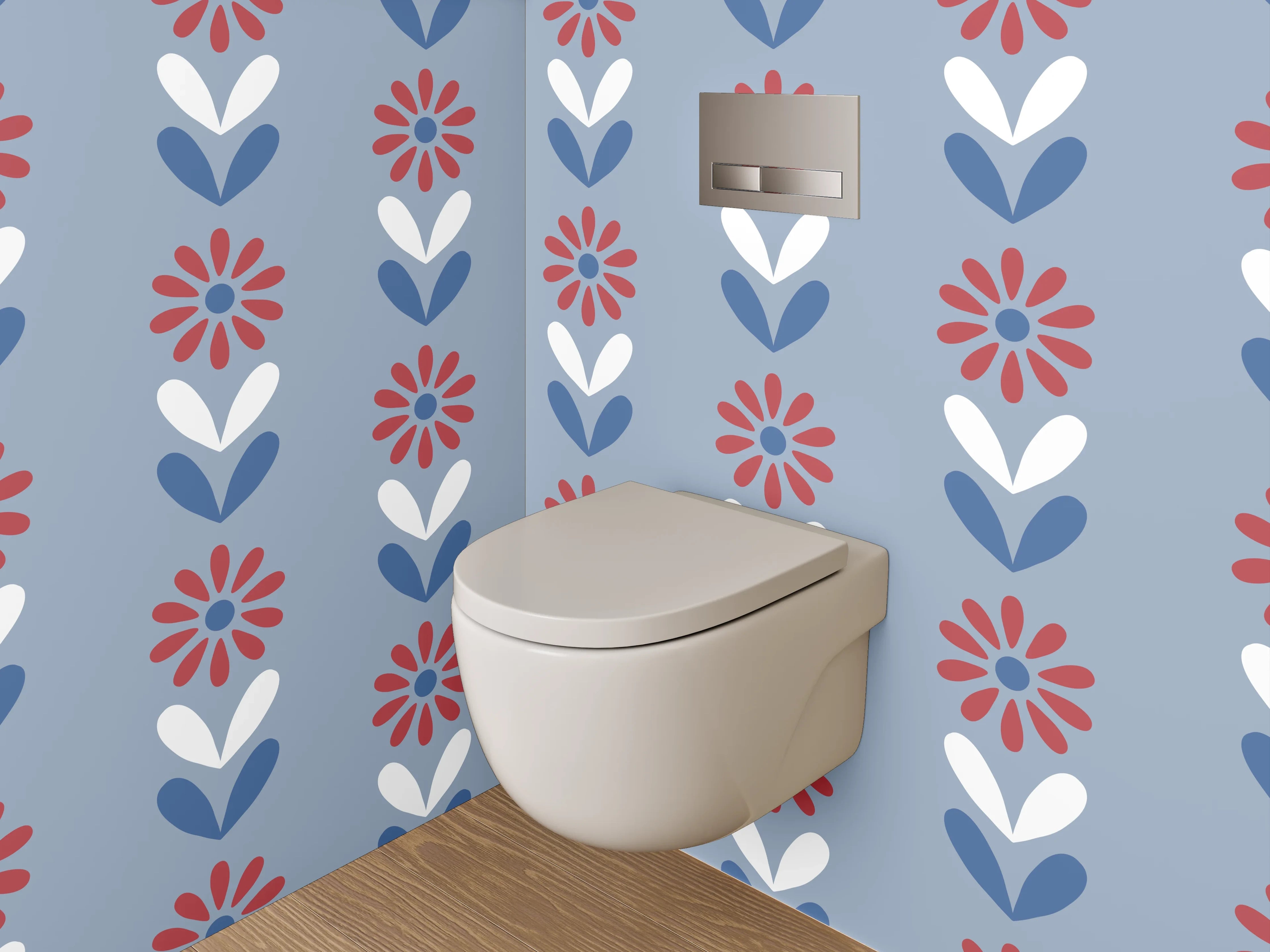 WC-Rückwand - Retro Blumenmuster in Blau und Rot