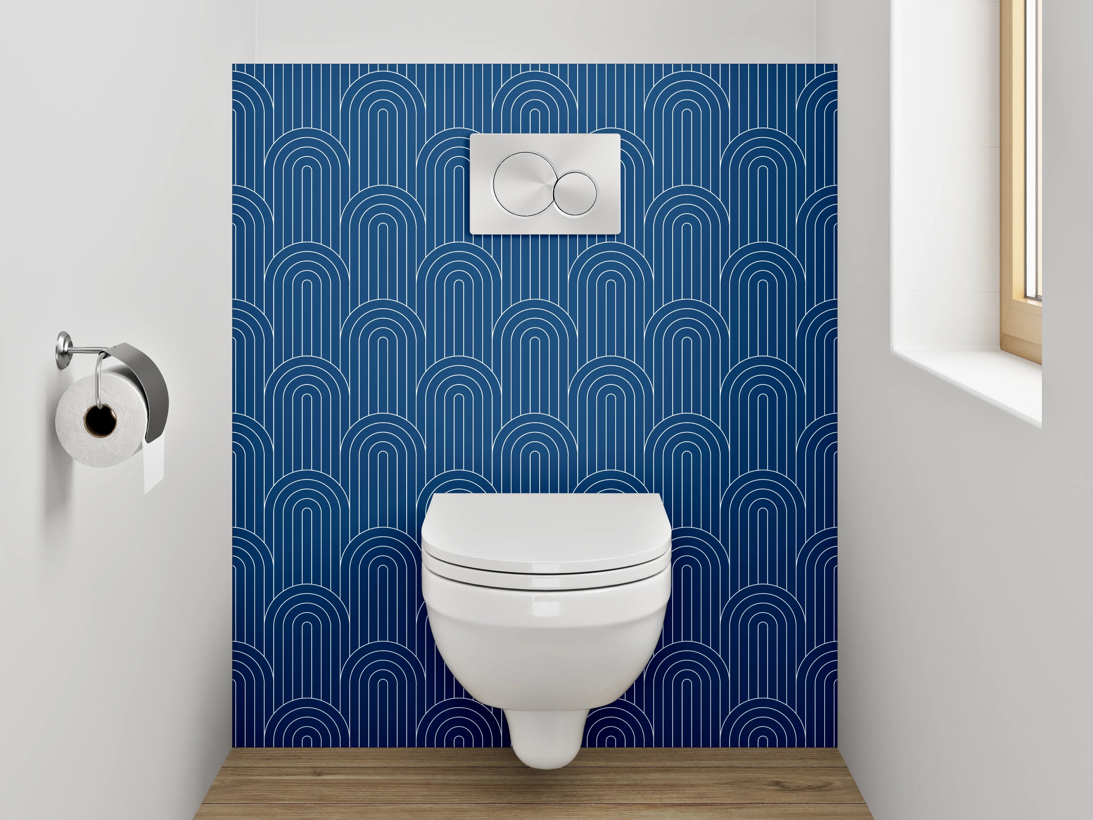 WC-Rückwand - Retro Bogenmuster Blau Tapete