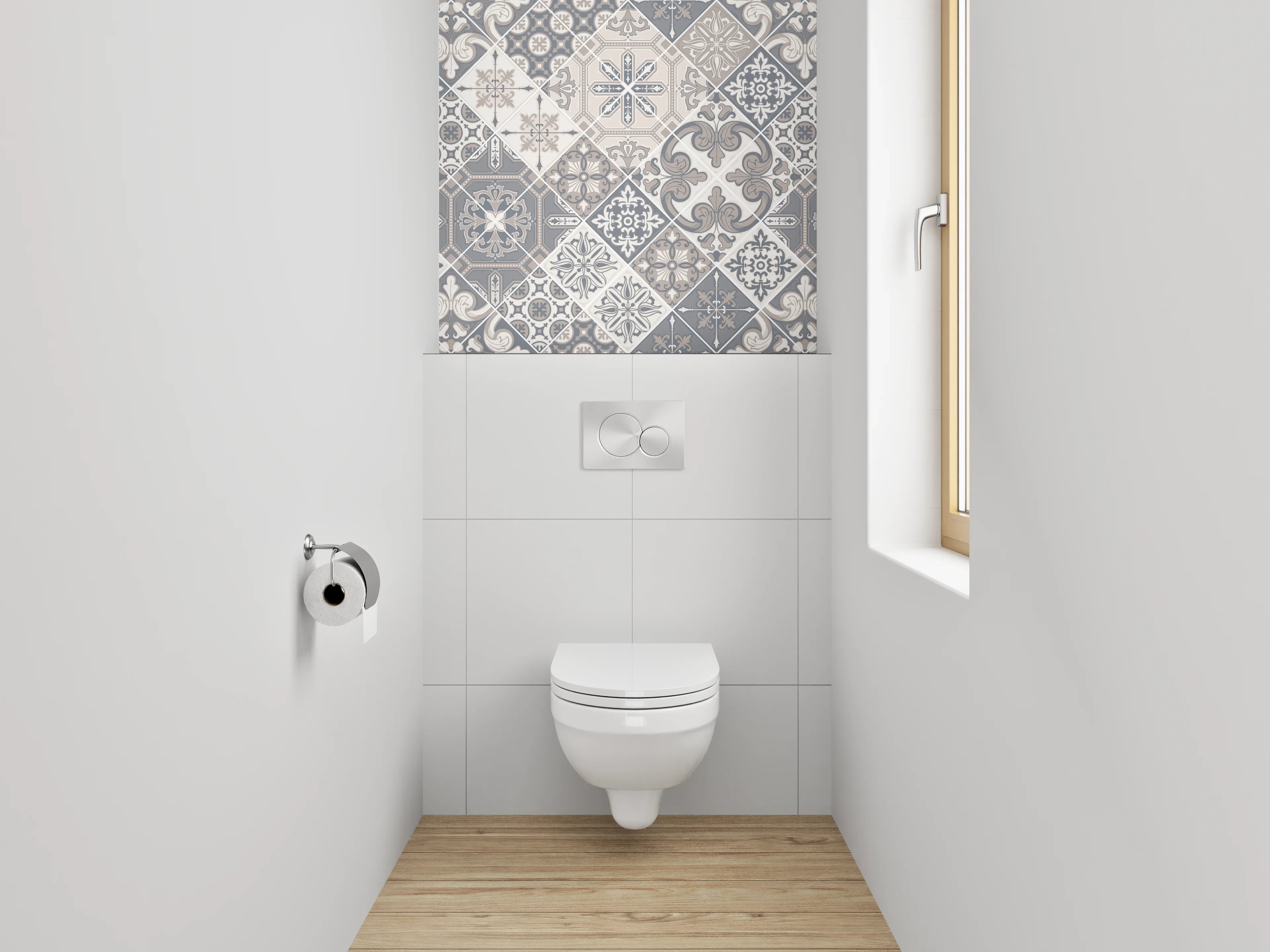 WC-Rückwand - Retro Fliesen Grau-Weiß Musterdesign
