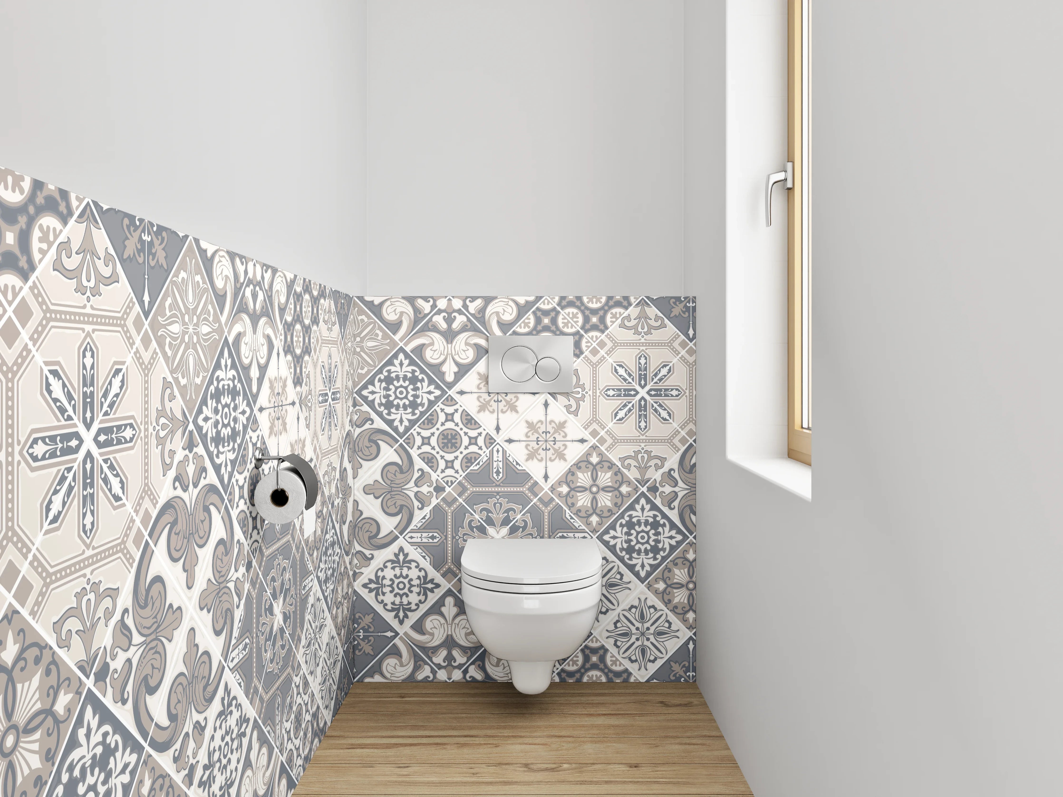 WC-Rückwand - Retro Fliesen Grau-Weiß Musterdesign