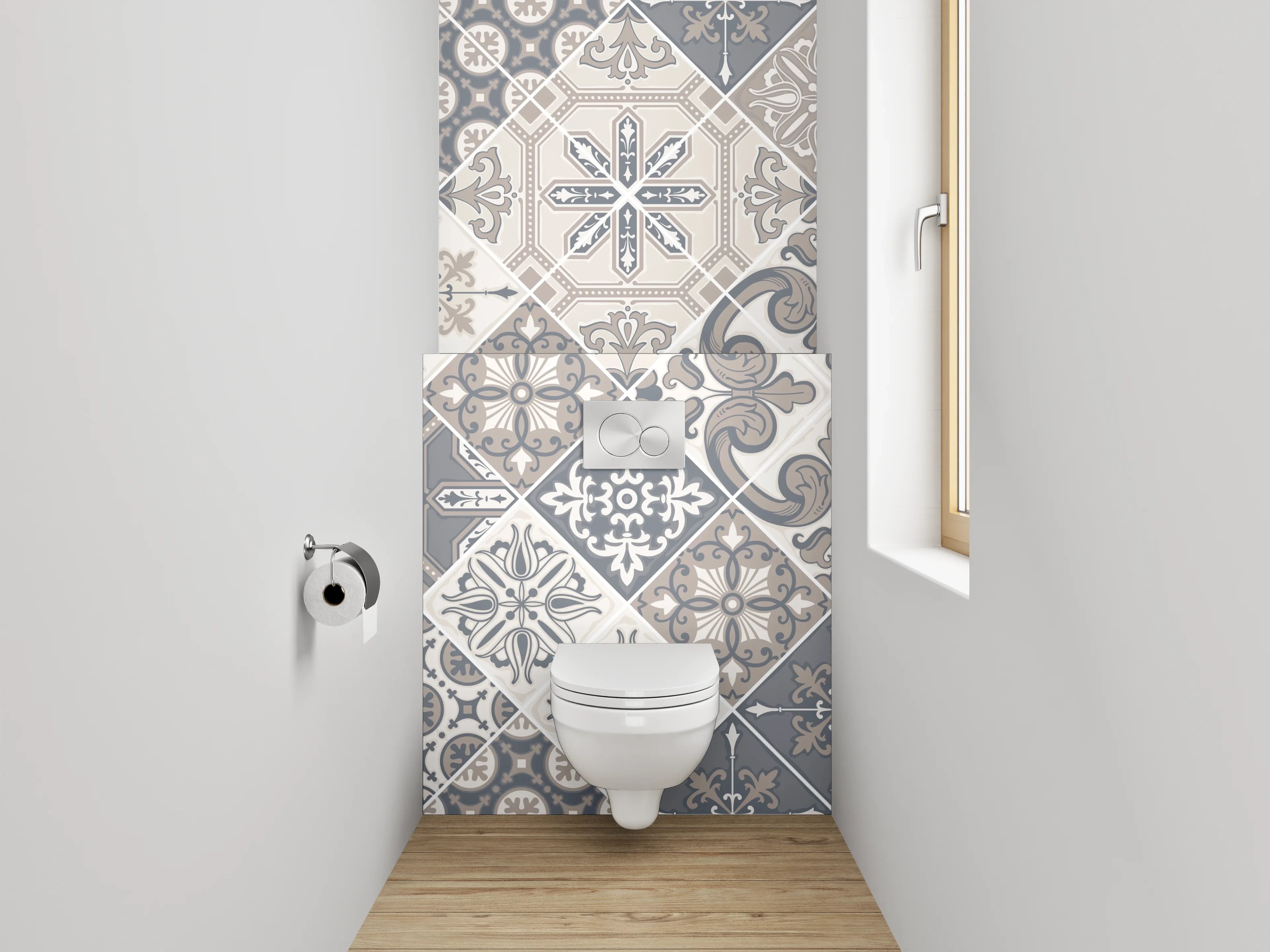 WC-Rückwand - Retro Fliesen Grau-Weiß Musterdesign