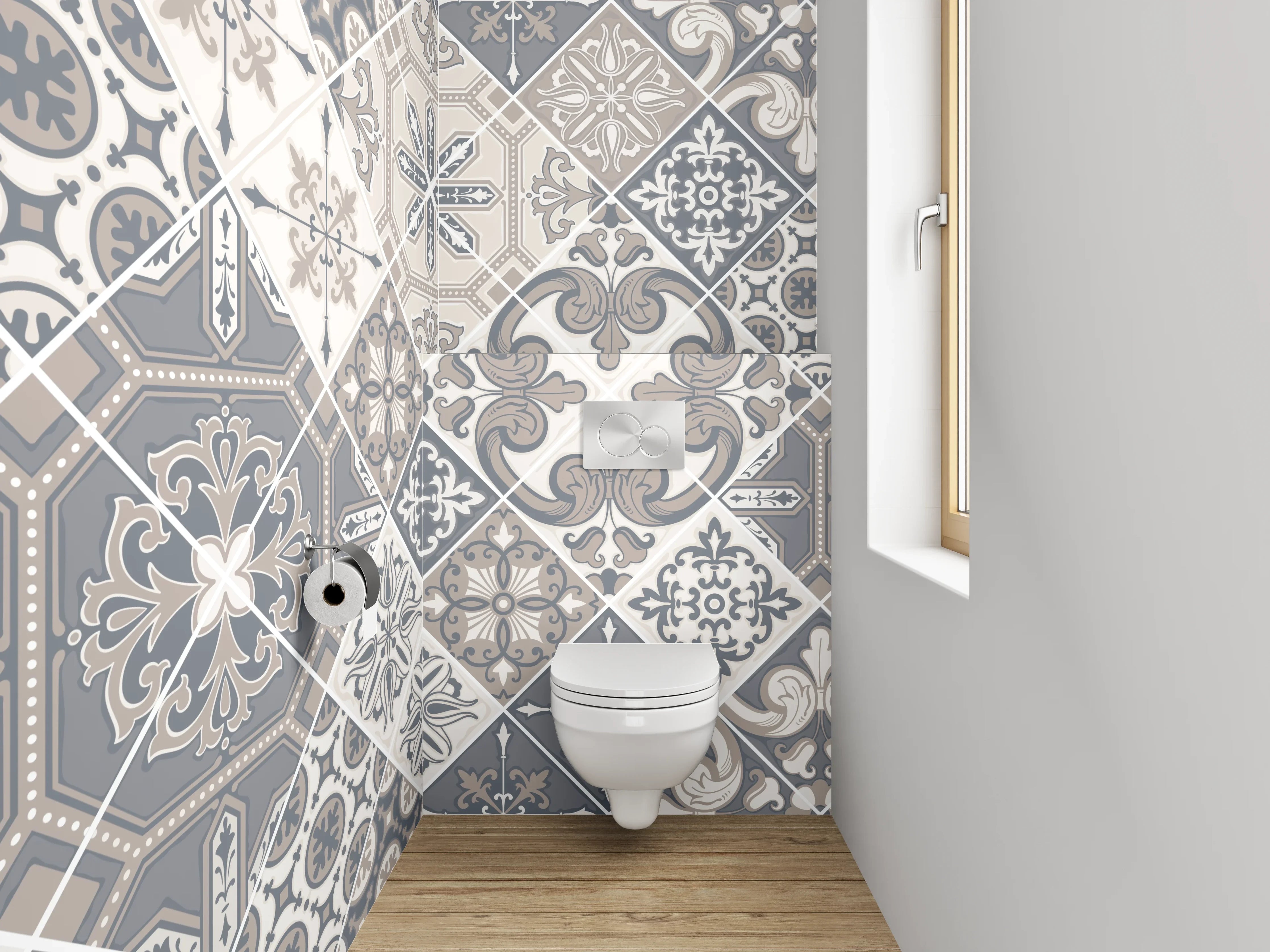 WC-Rückwand - Retro Fliesen Grau-Weiß Musterdesign