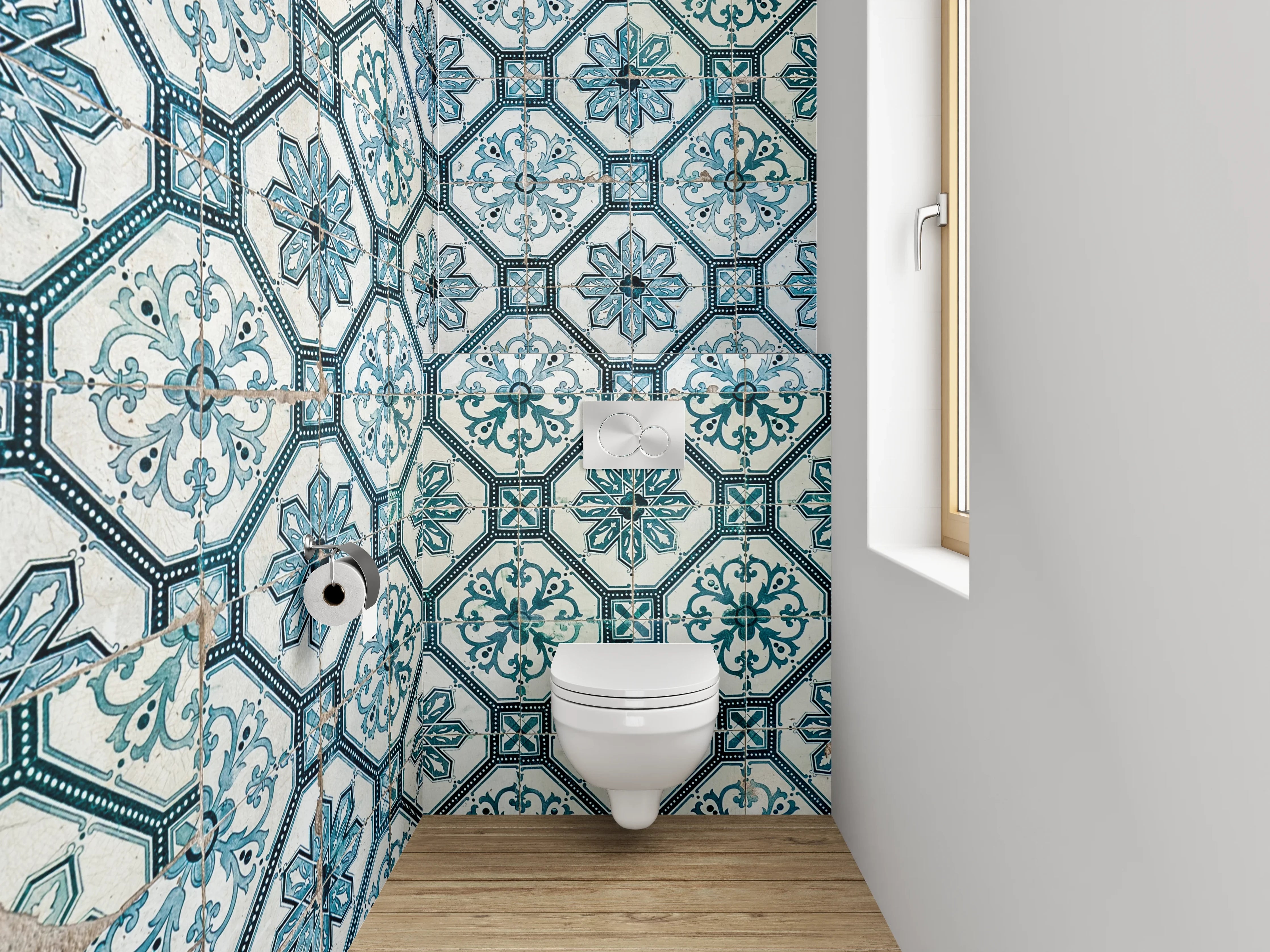 WC-Rückwand - Retro Fliesendesign Blau Grauweiß