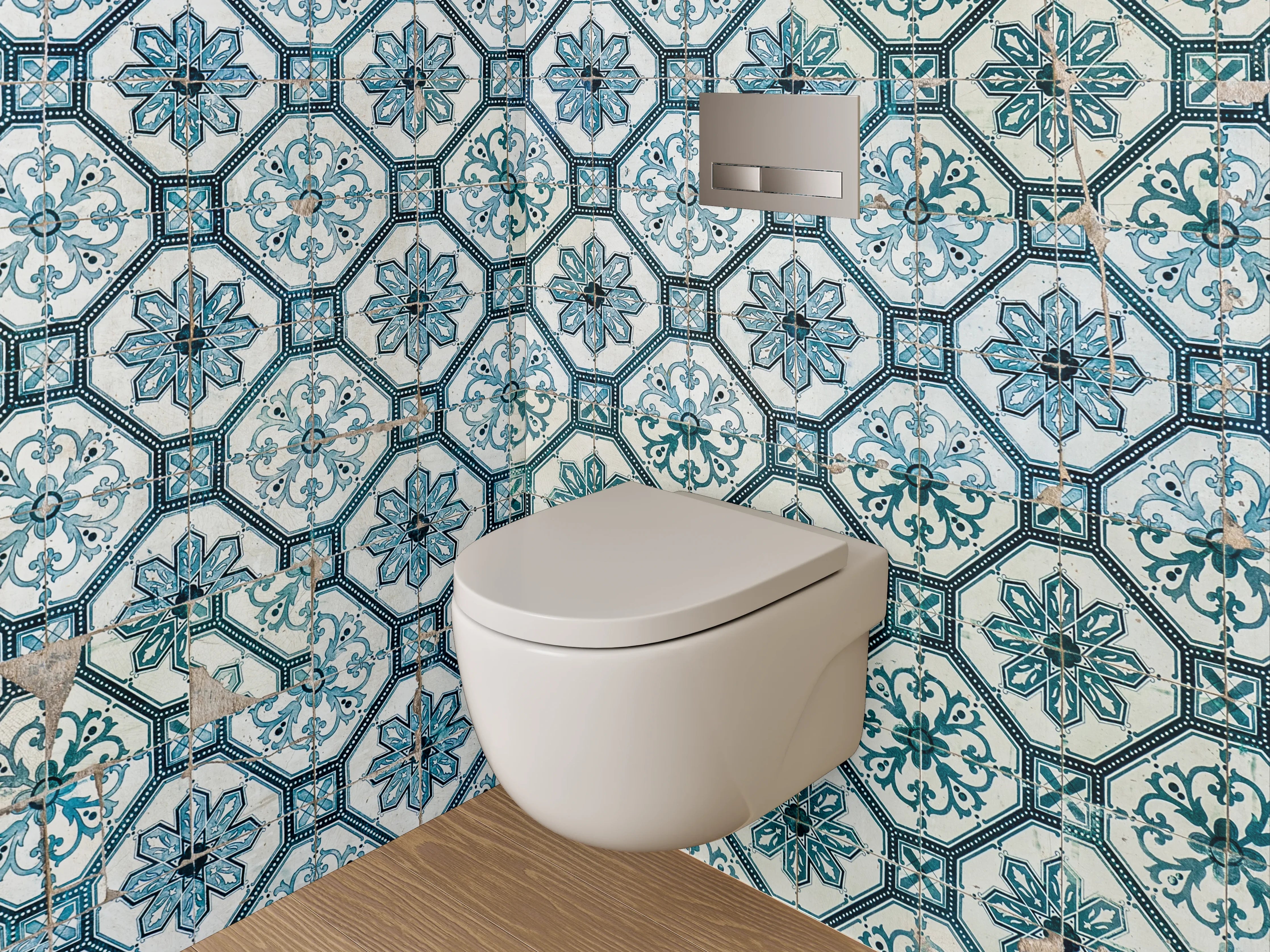WC-Rückwand - Retro Fliesendesign Blau Grauweiß