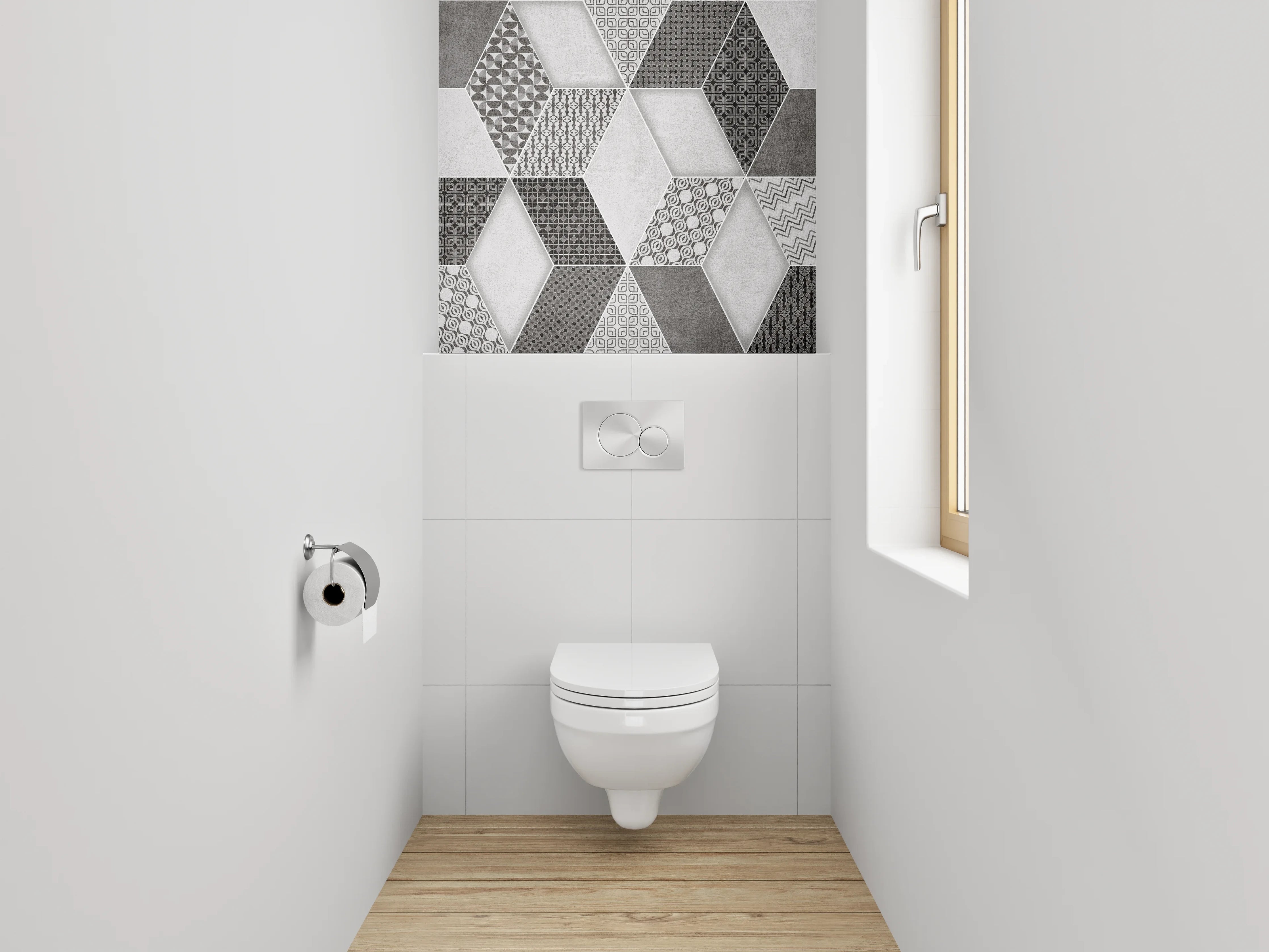 WC-Rückwand - Retro Fliesendesign Grau-Schwarz-Weiß