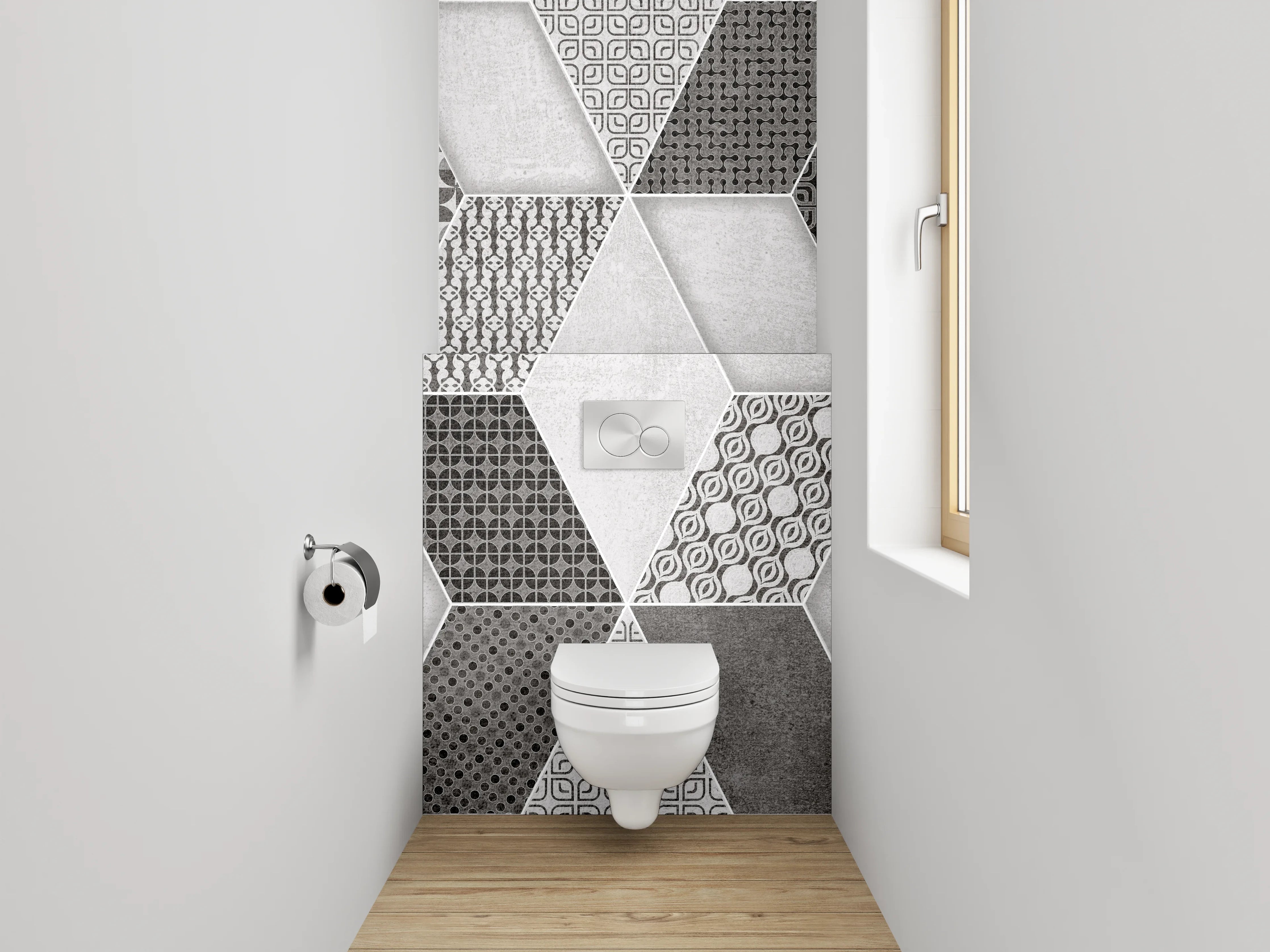 WC-Rückwand - Retro Fliesendesign Grau-Schwarz-Weiß