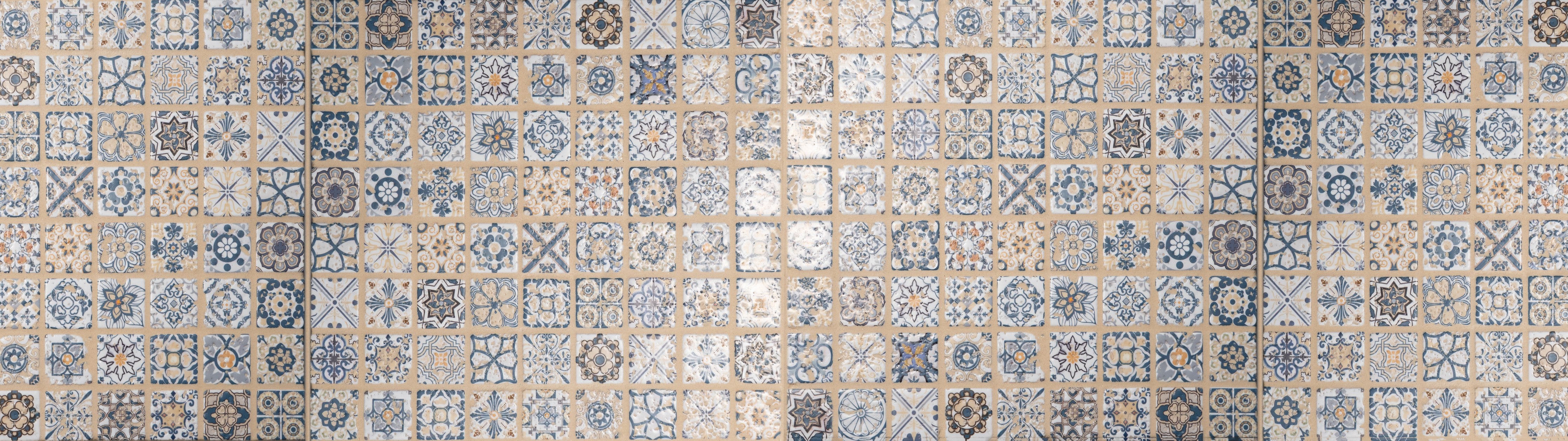 WC-Rückwand-Retro Fliesendesign blau-beige grauweiß