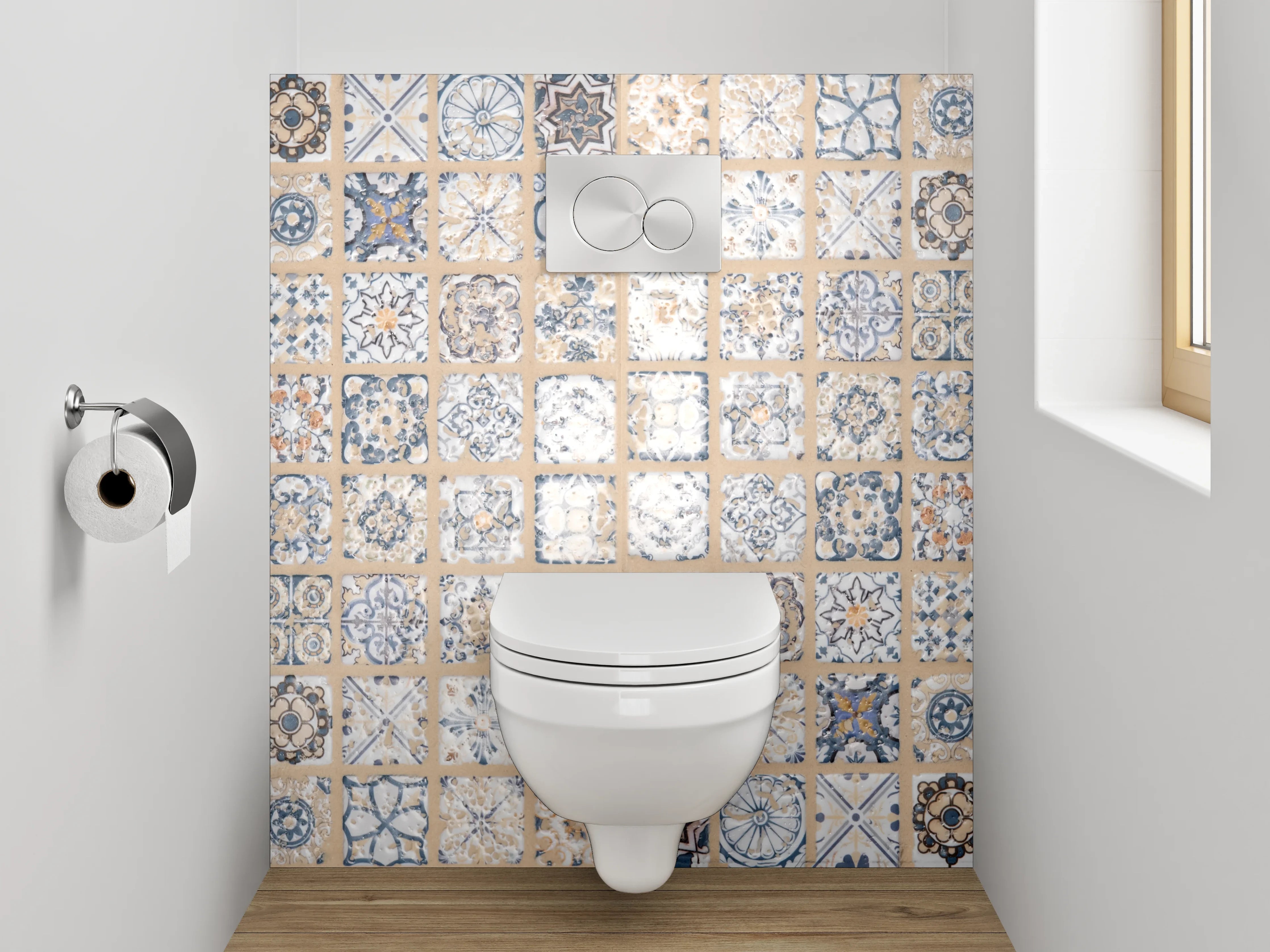 WC-Rückwand - Retro Fliesendesign blau-beige grauweiß