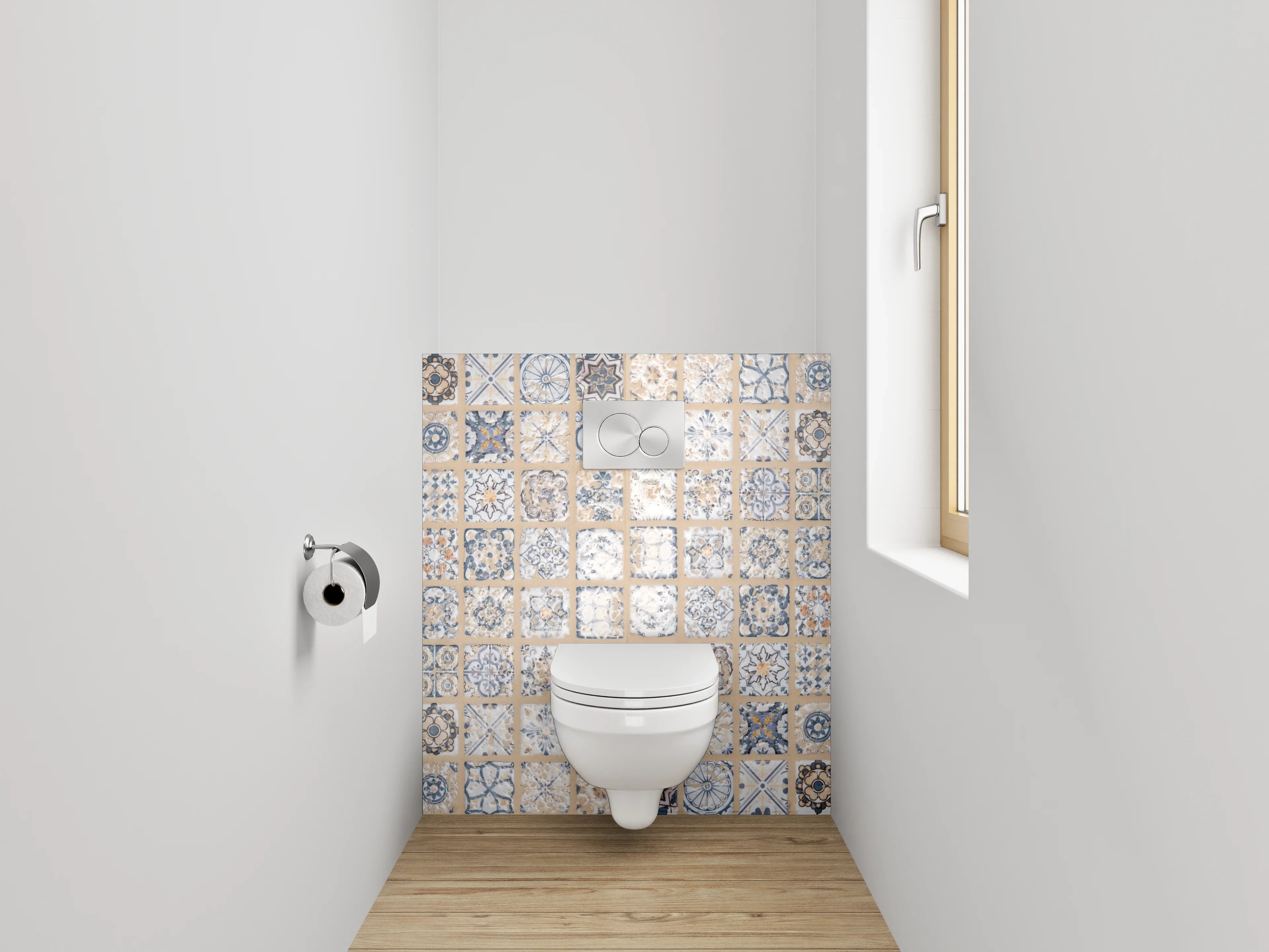 WC-Rückwand - Retro Fliesendesign blau-beige grauweiß