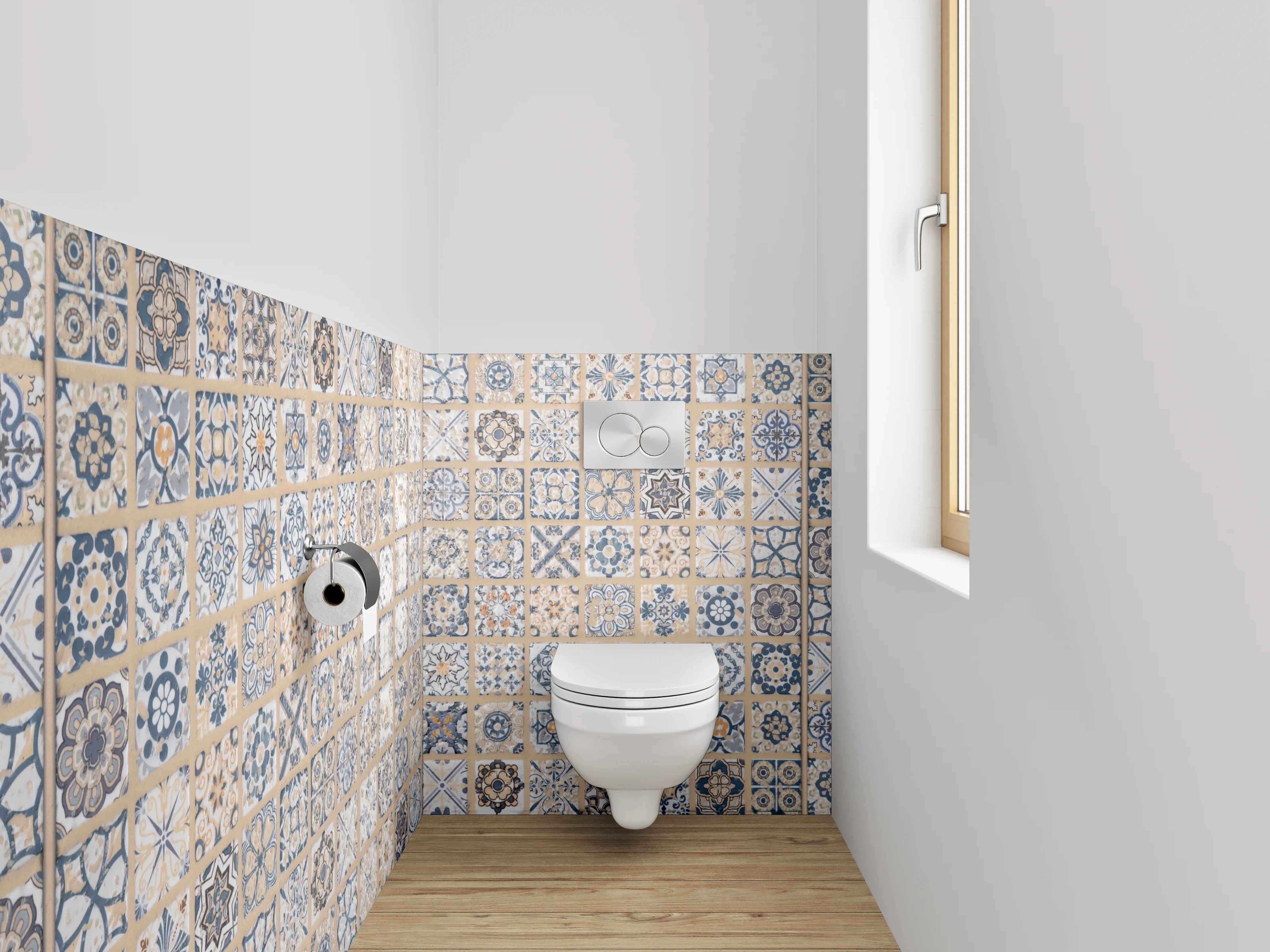 WC-Rückwand - Retro Fliesendesign blau-beige grauweiß