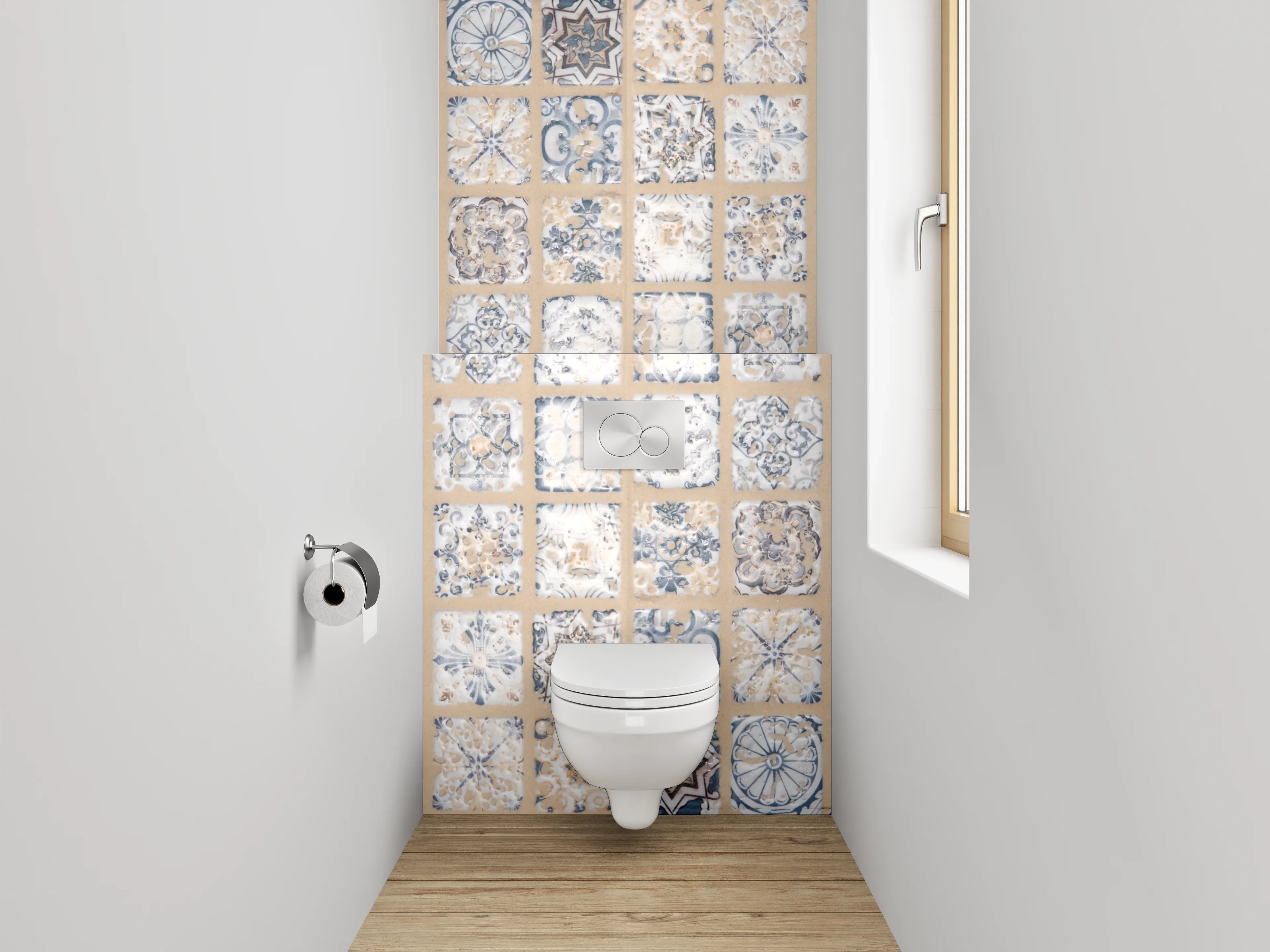 WC-Rückwand - Retro Fliesendesign blau-beige grauweiß