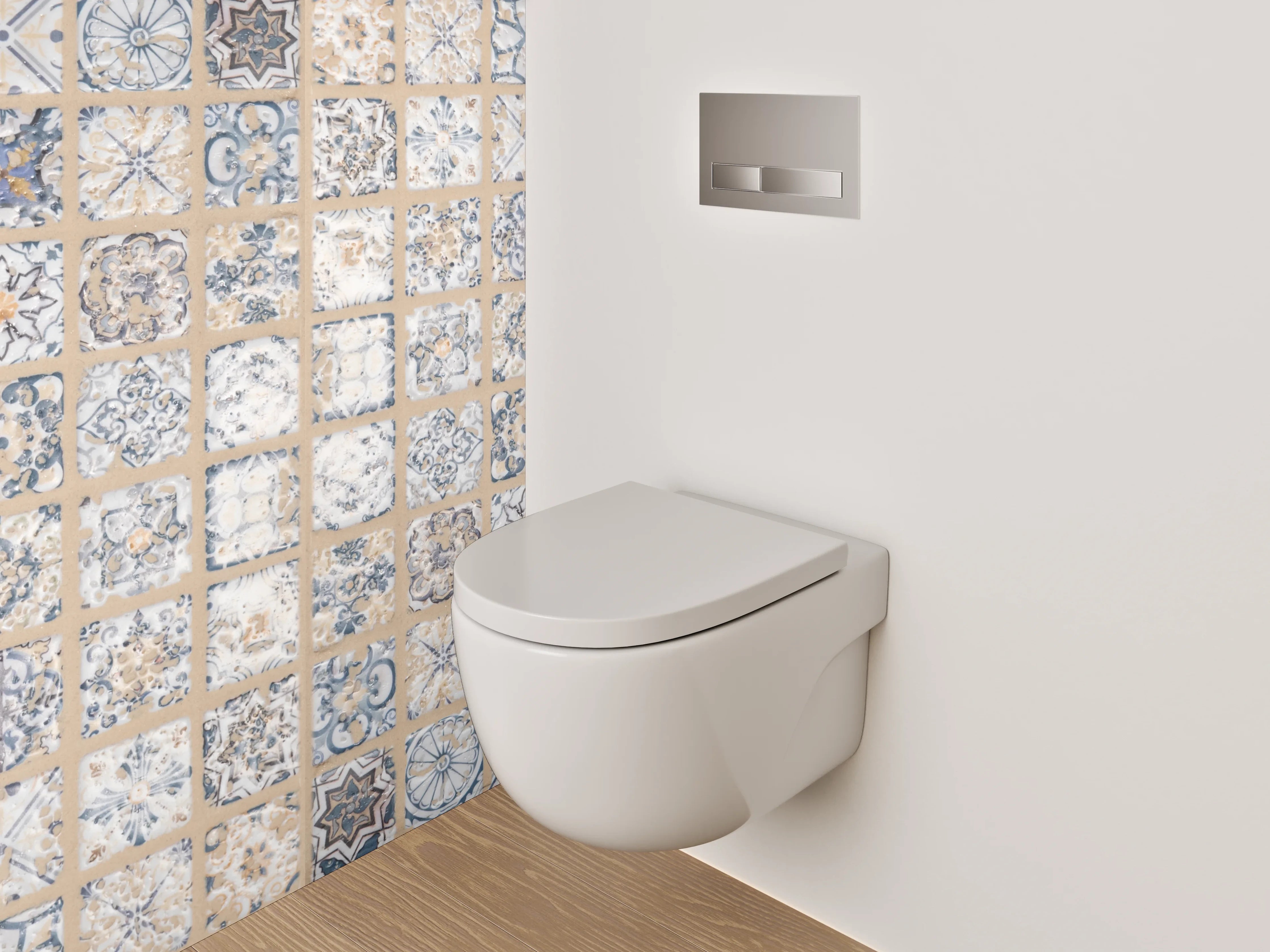 WC-Rückwand - Retro Fliesendesign blau-beige grauweiß