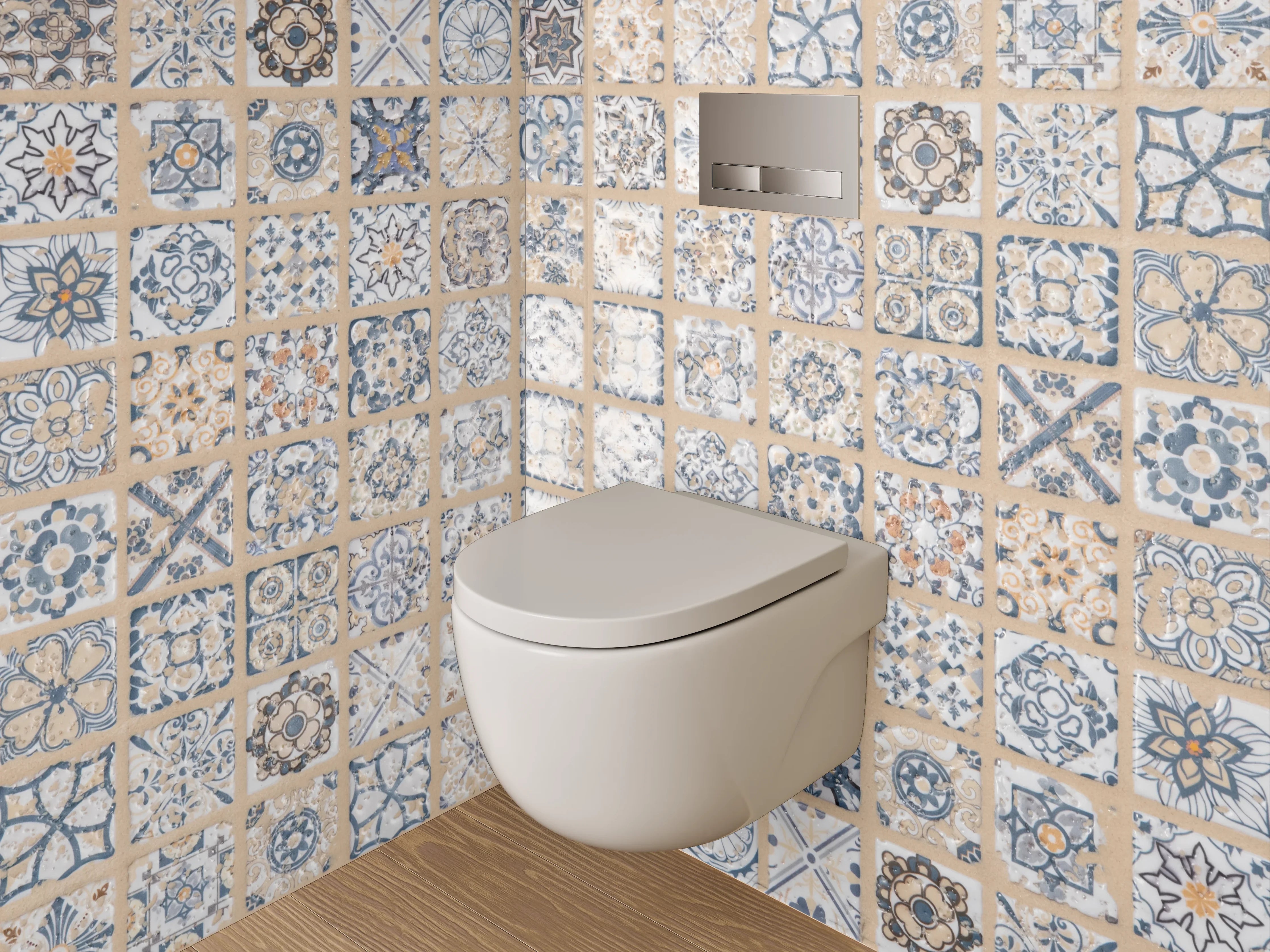 WC-Rückwand - Retro Fliesendesign blau-beige grauweiß