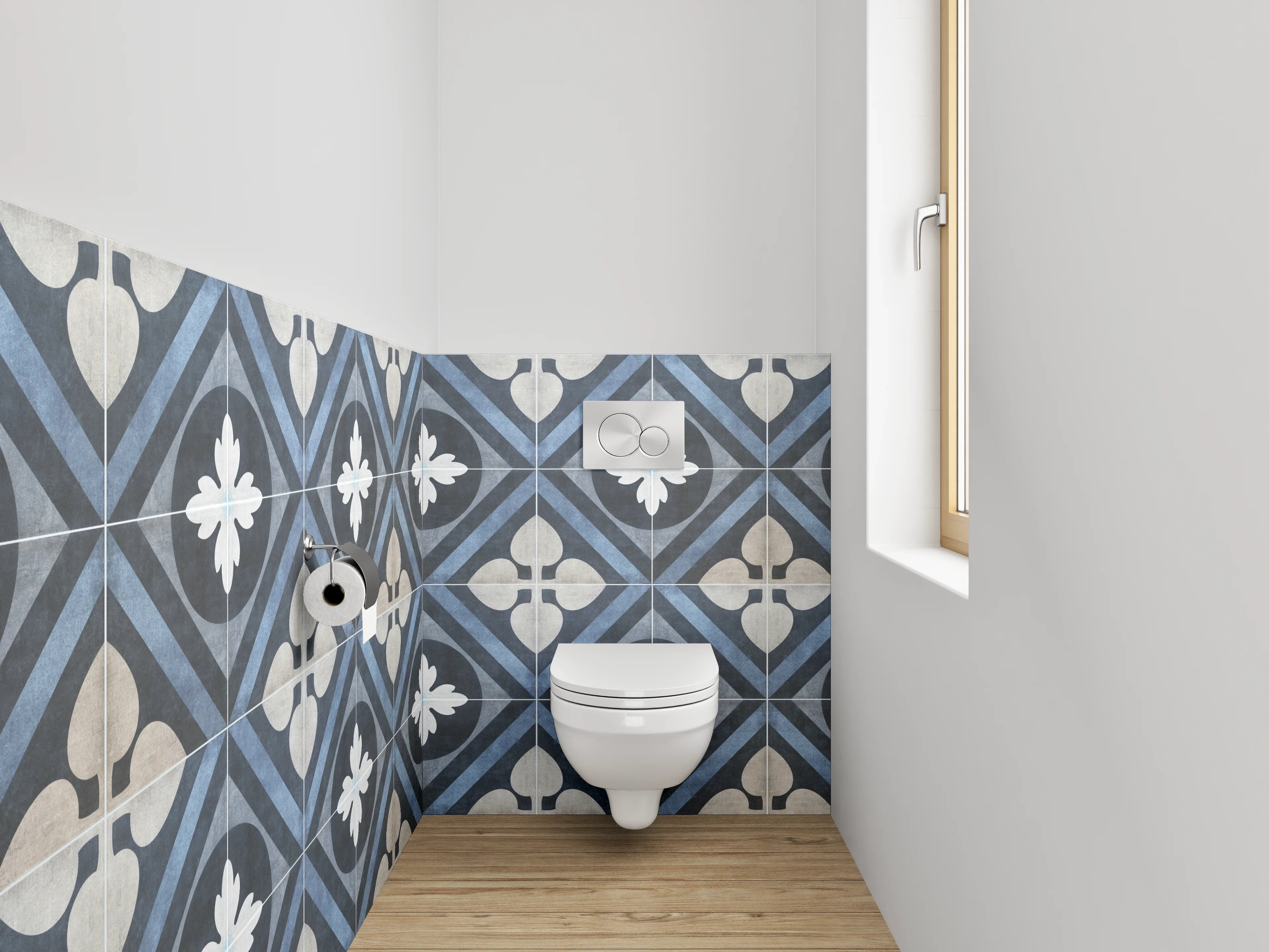 WC-Rückwand - Retro Fliesenmuster Blau-Grau