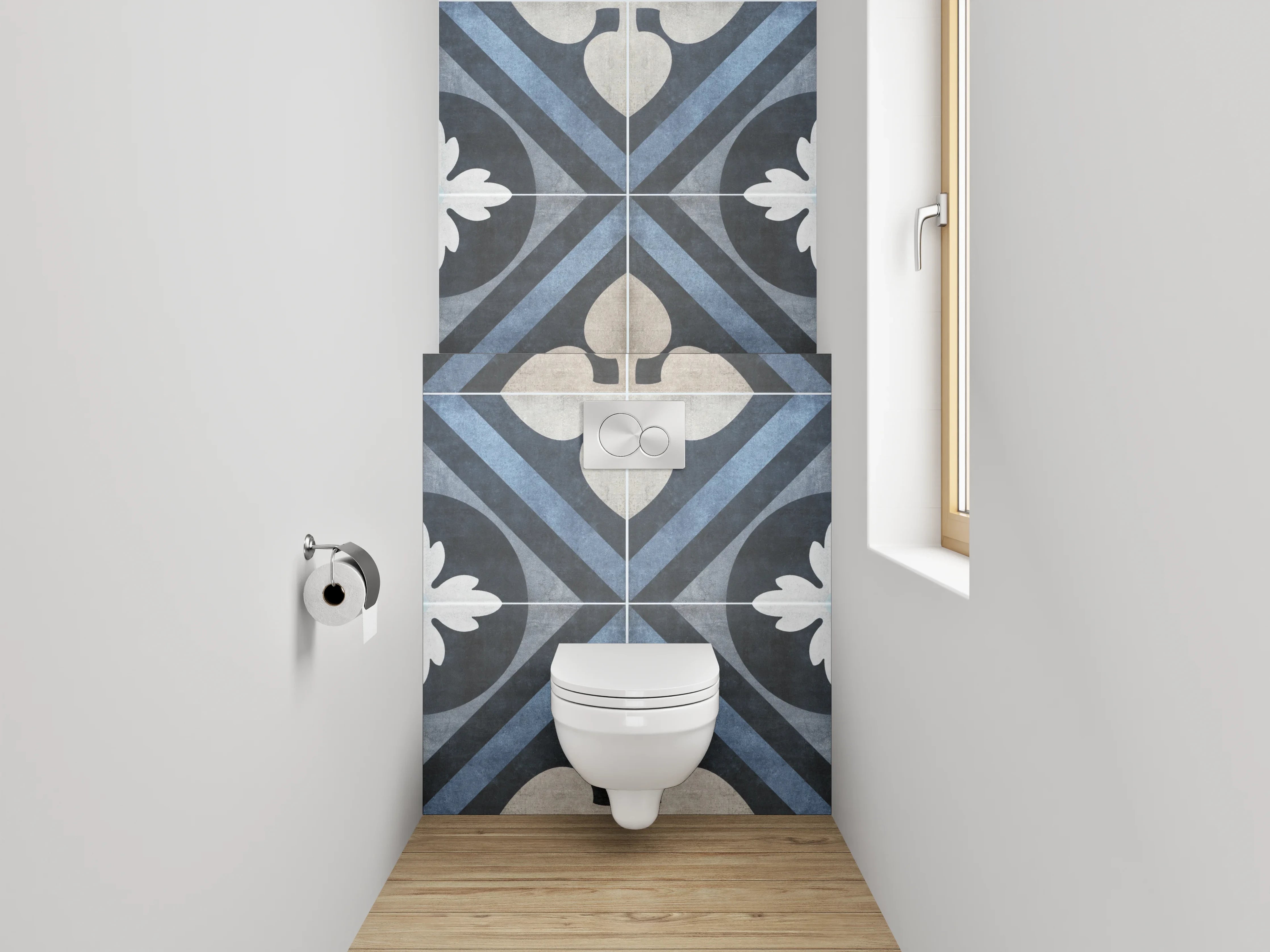WC-Rückwand - Retro Fliesenmuster Blau-Grau