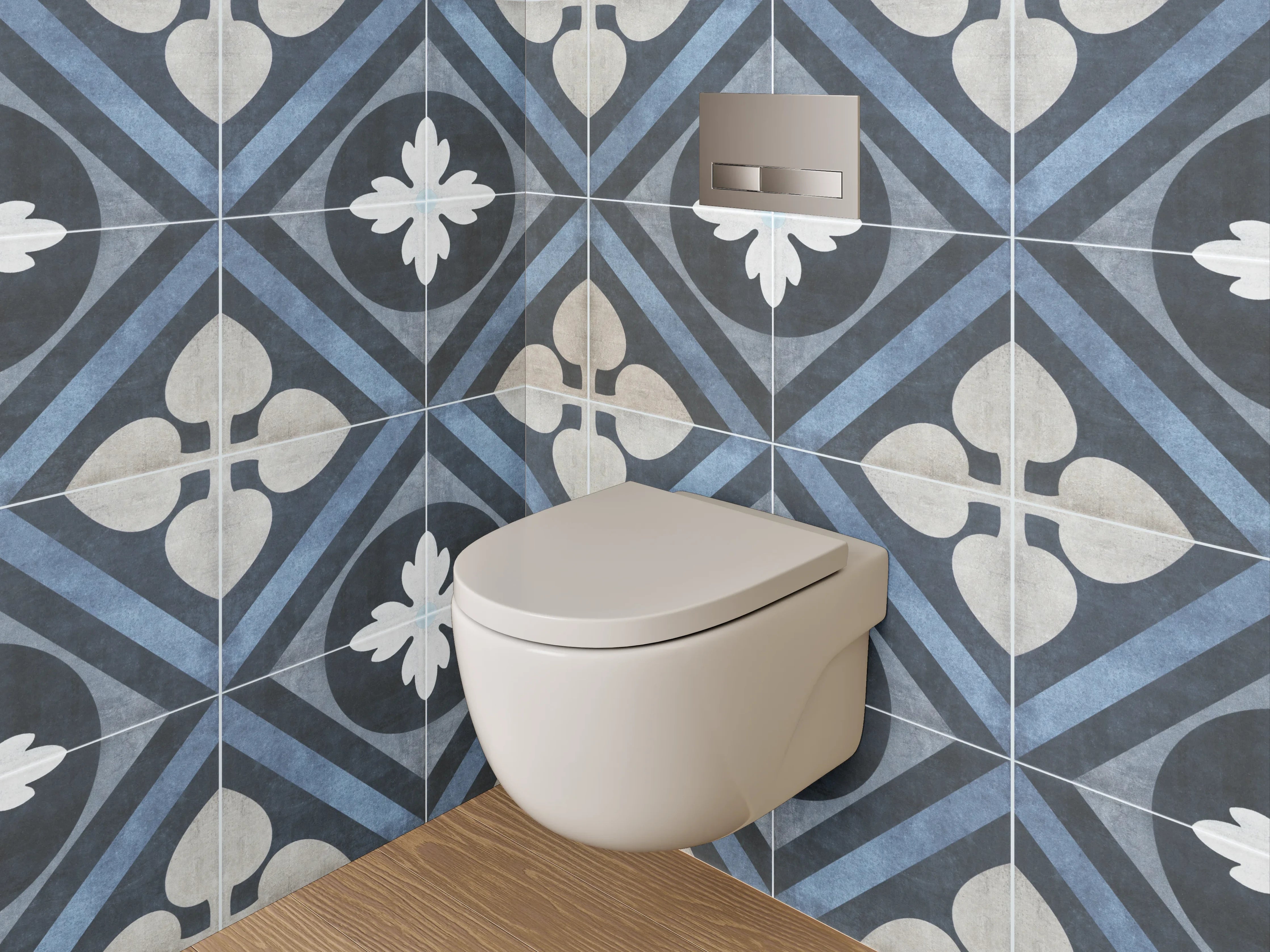 WC-Rückwand - Retro Fliesenmuster Blau-Grau