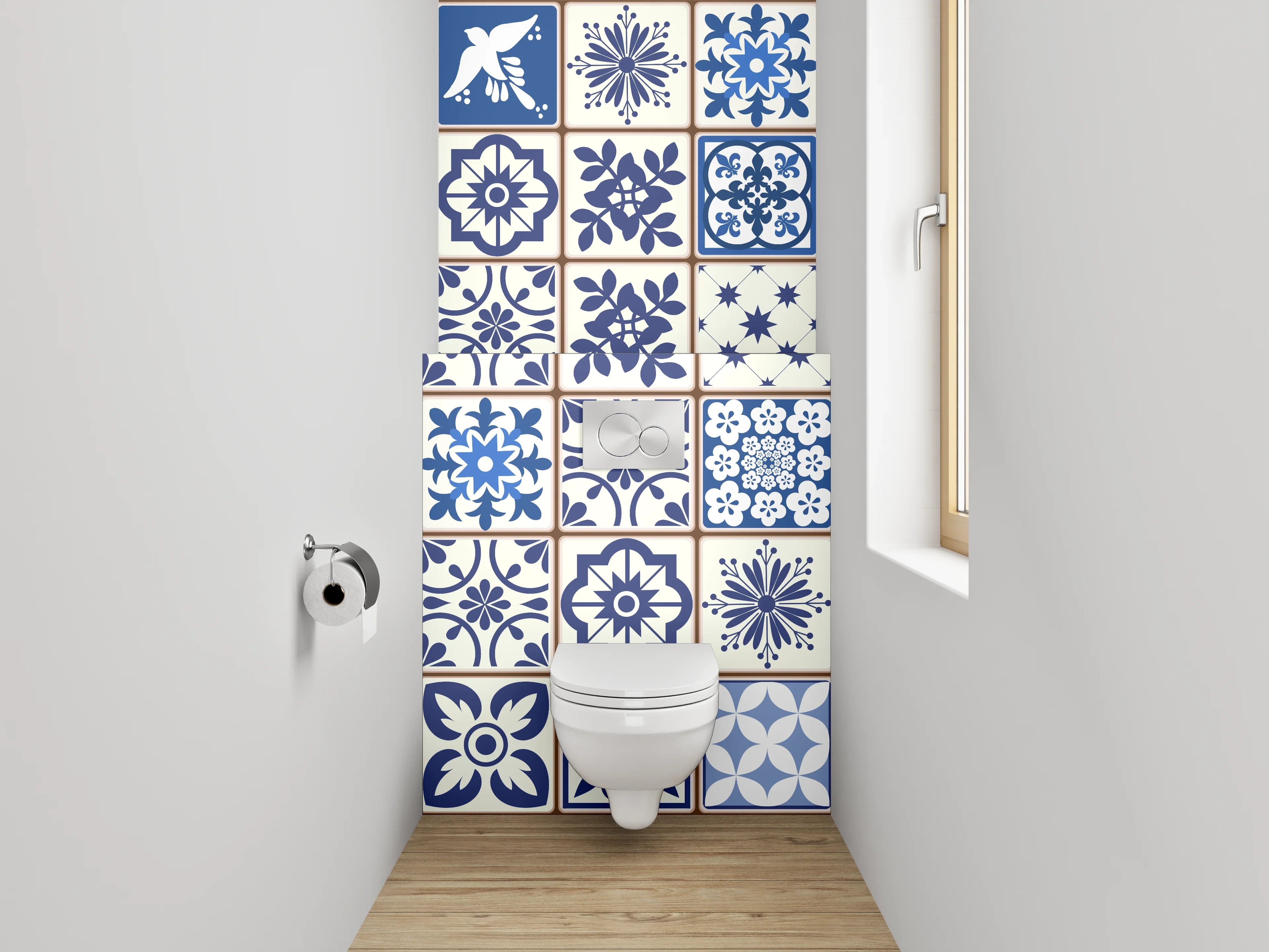 WC-Rückwand - Retro Fliesenmuster Blau Grau Weiß