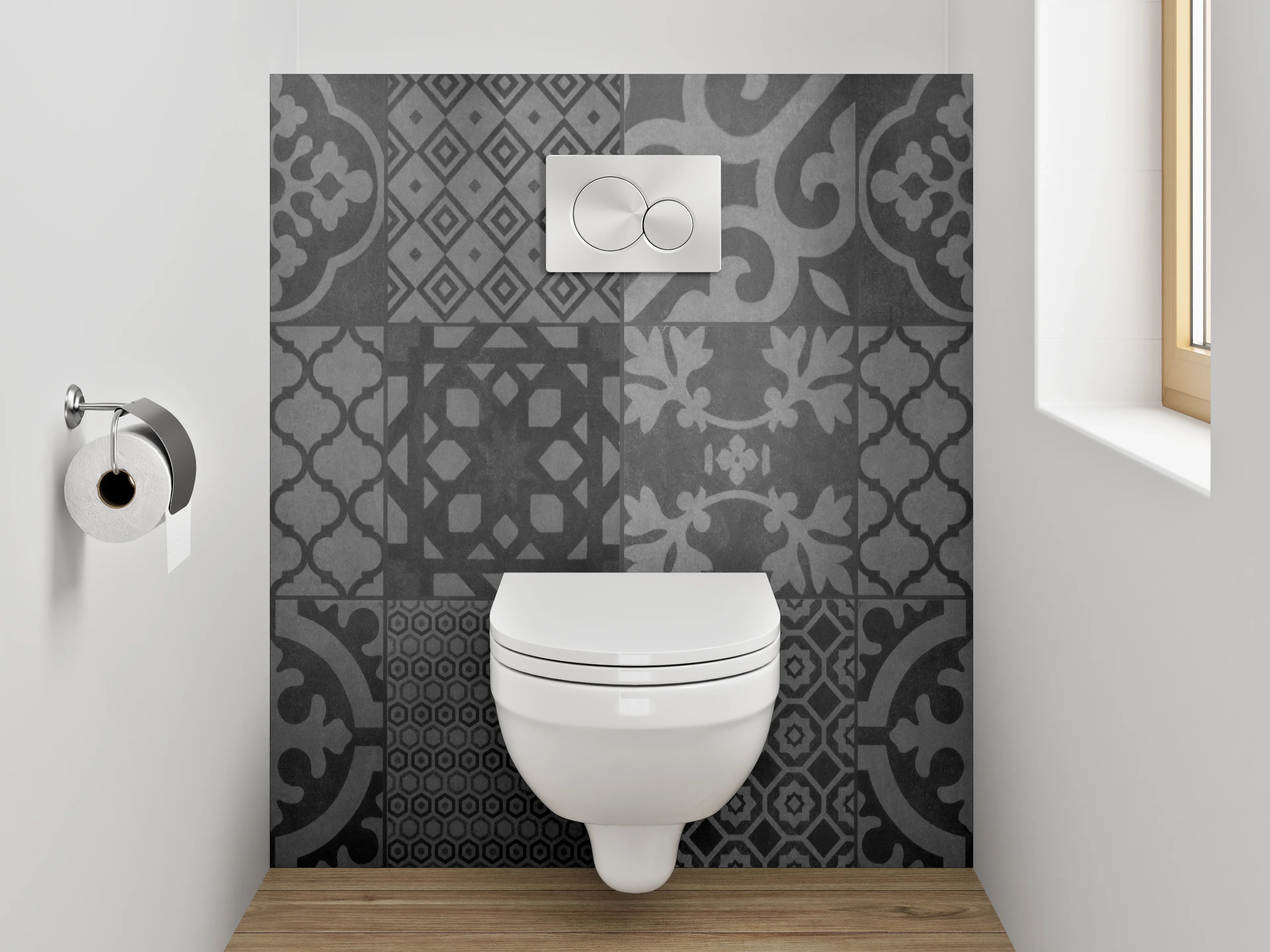 WC-Rückwand - Retro Fliesenmuster Grau Schwarz Weiß
