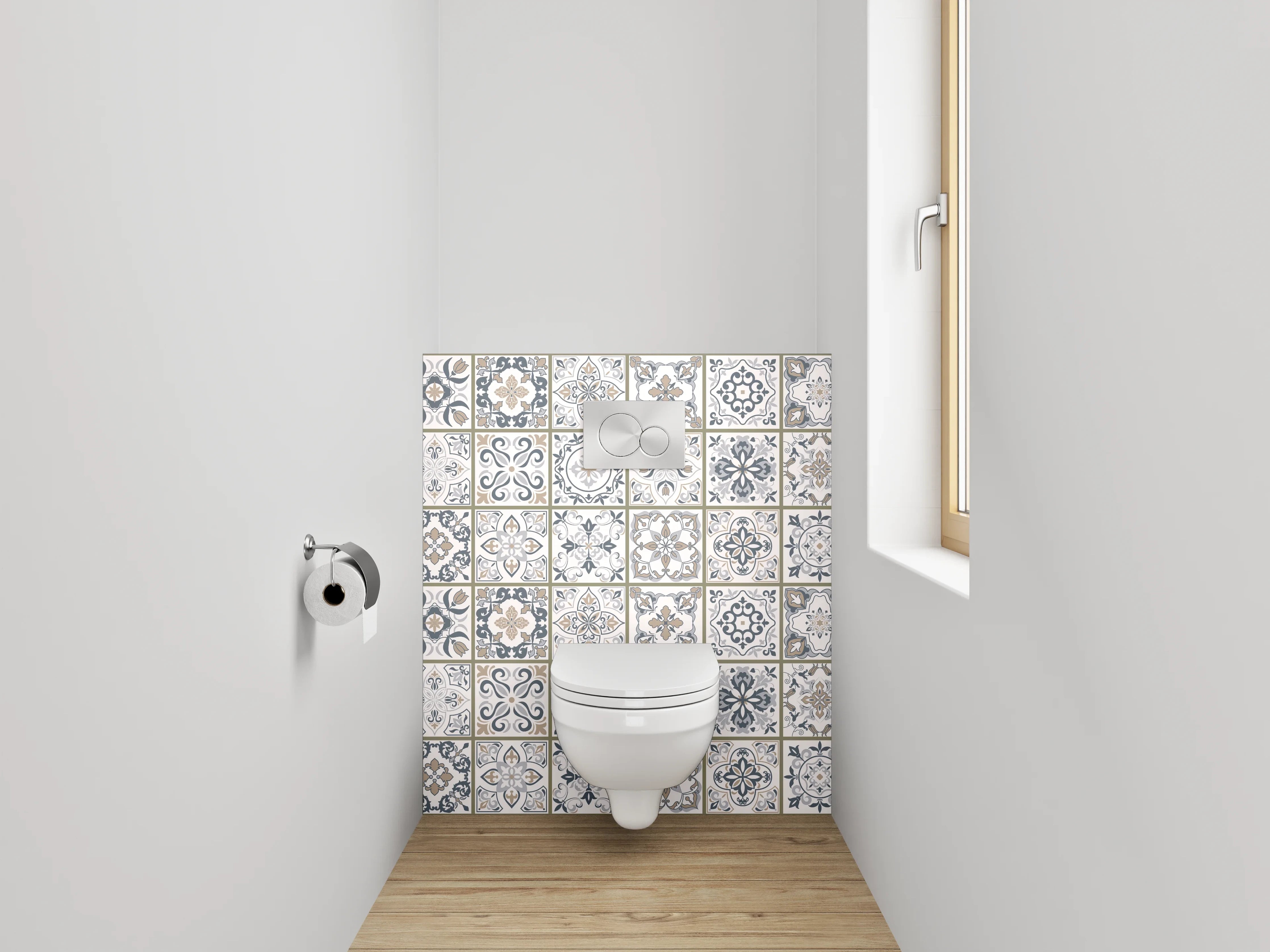 WC-Rückwand - Retro Fliesenmuster Weiß Grau Beige
