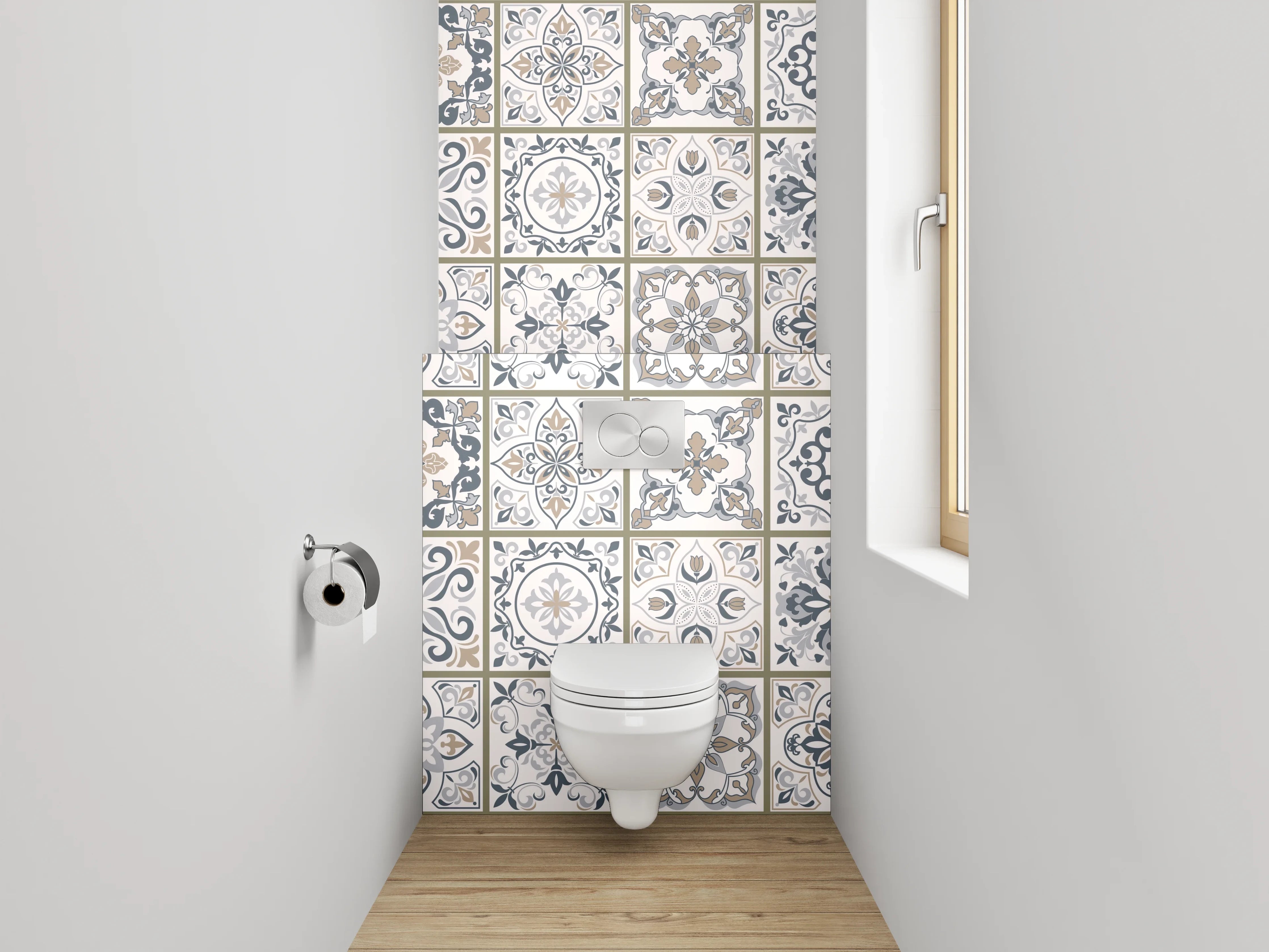 WC-Rückwand - Retro Fliesenmuster Weiß Grau Beige