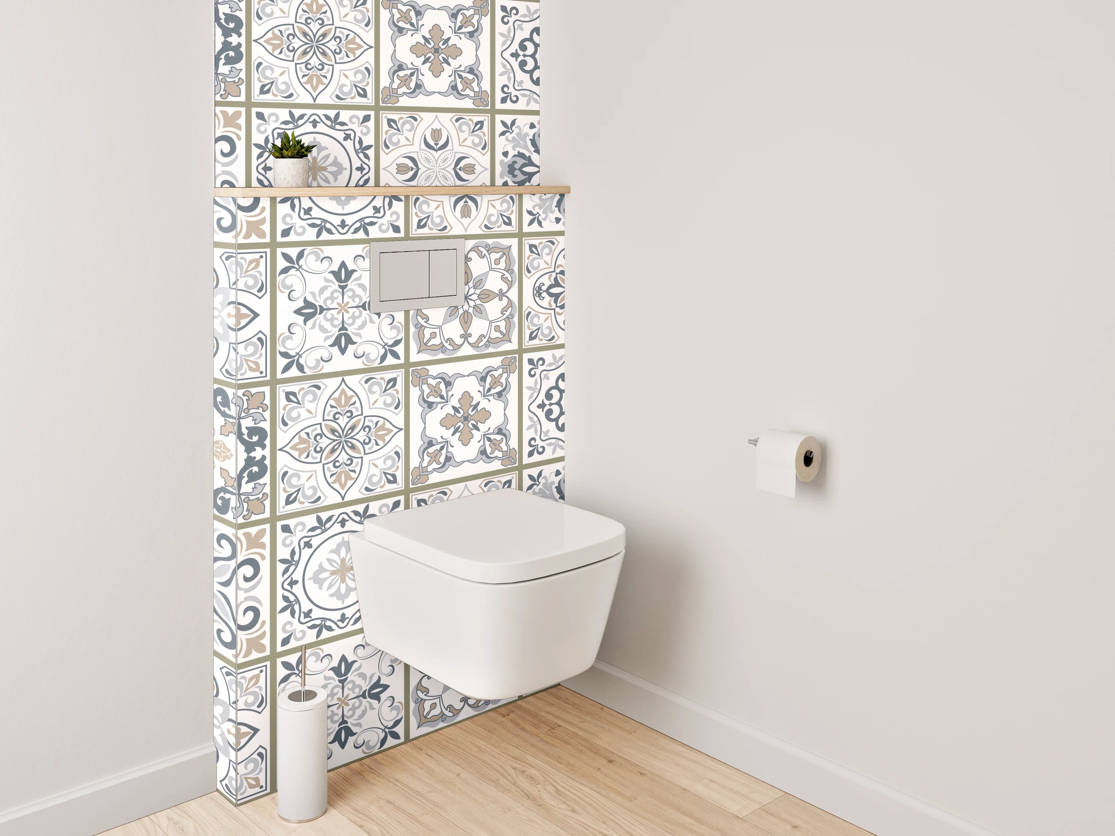 WC-Rückwand - Retro Fliesenmuster Weiß Grau Beige