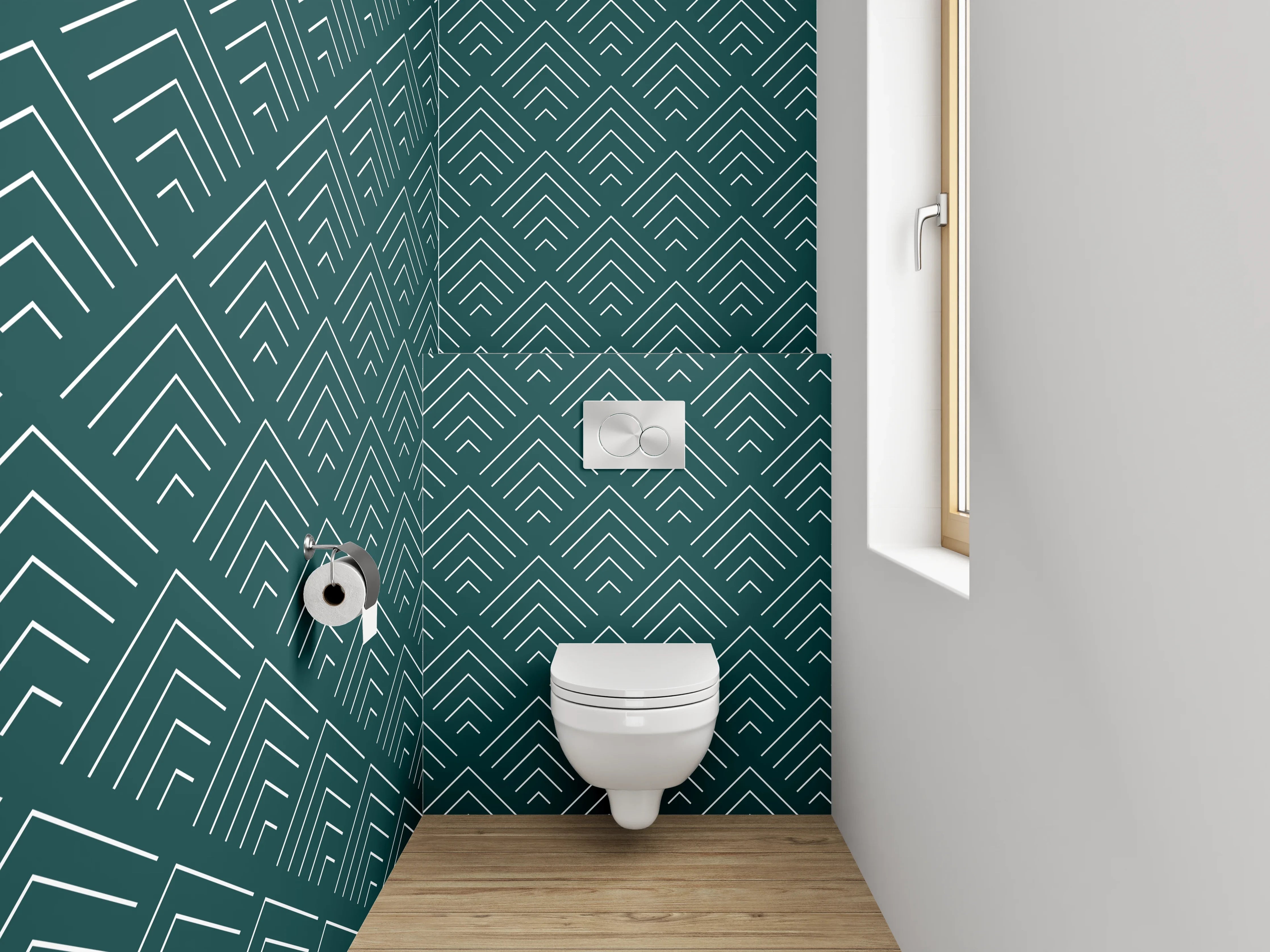 WC-Rückwand - Retro-Geometrie Türkis Grauweiß
