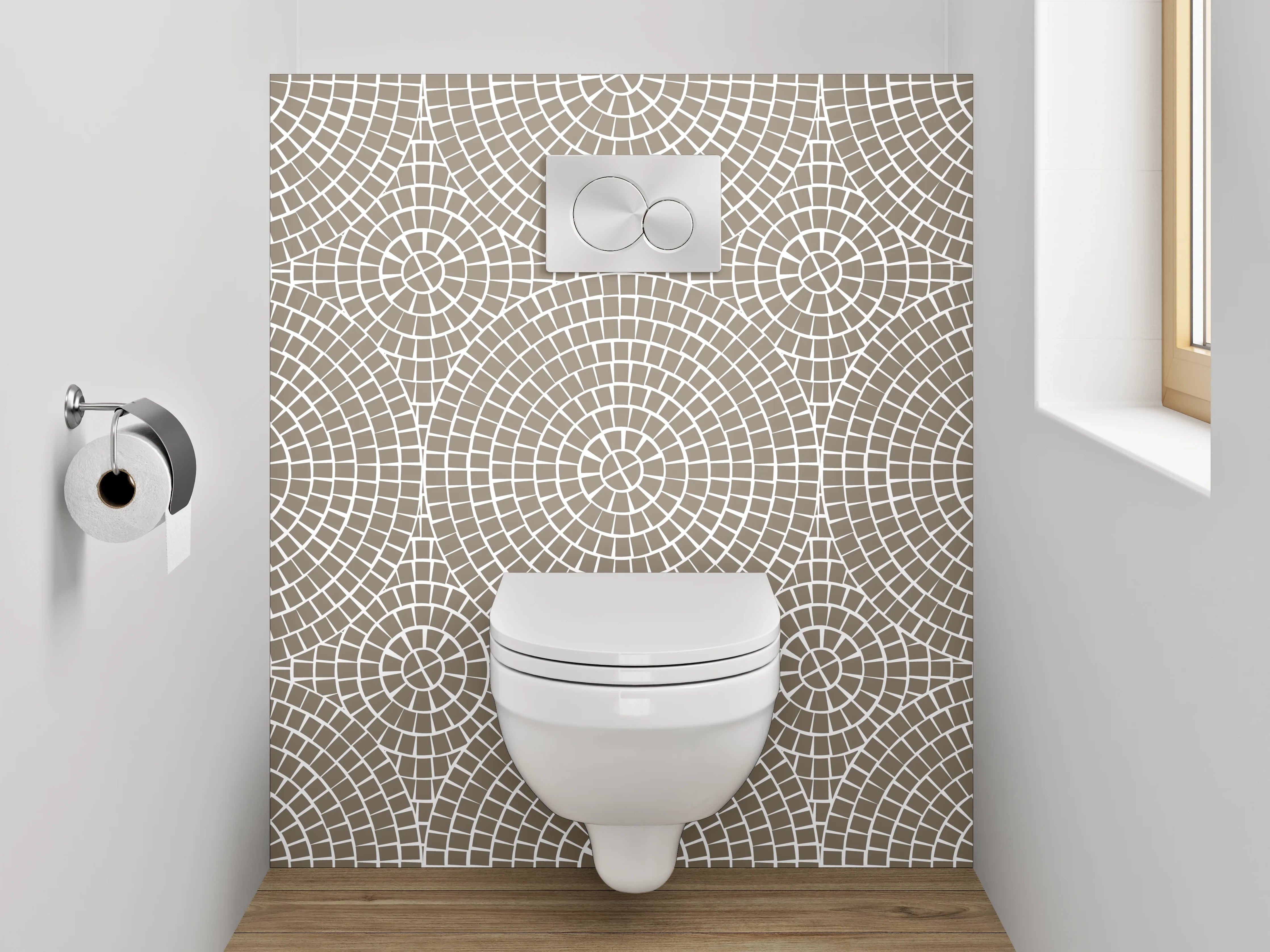 WC-Rückwand - Retro-Geometrie in Beige, Weiß und Grau
